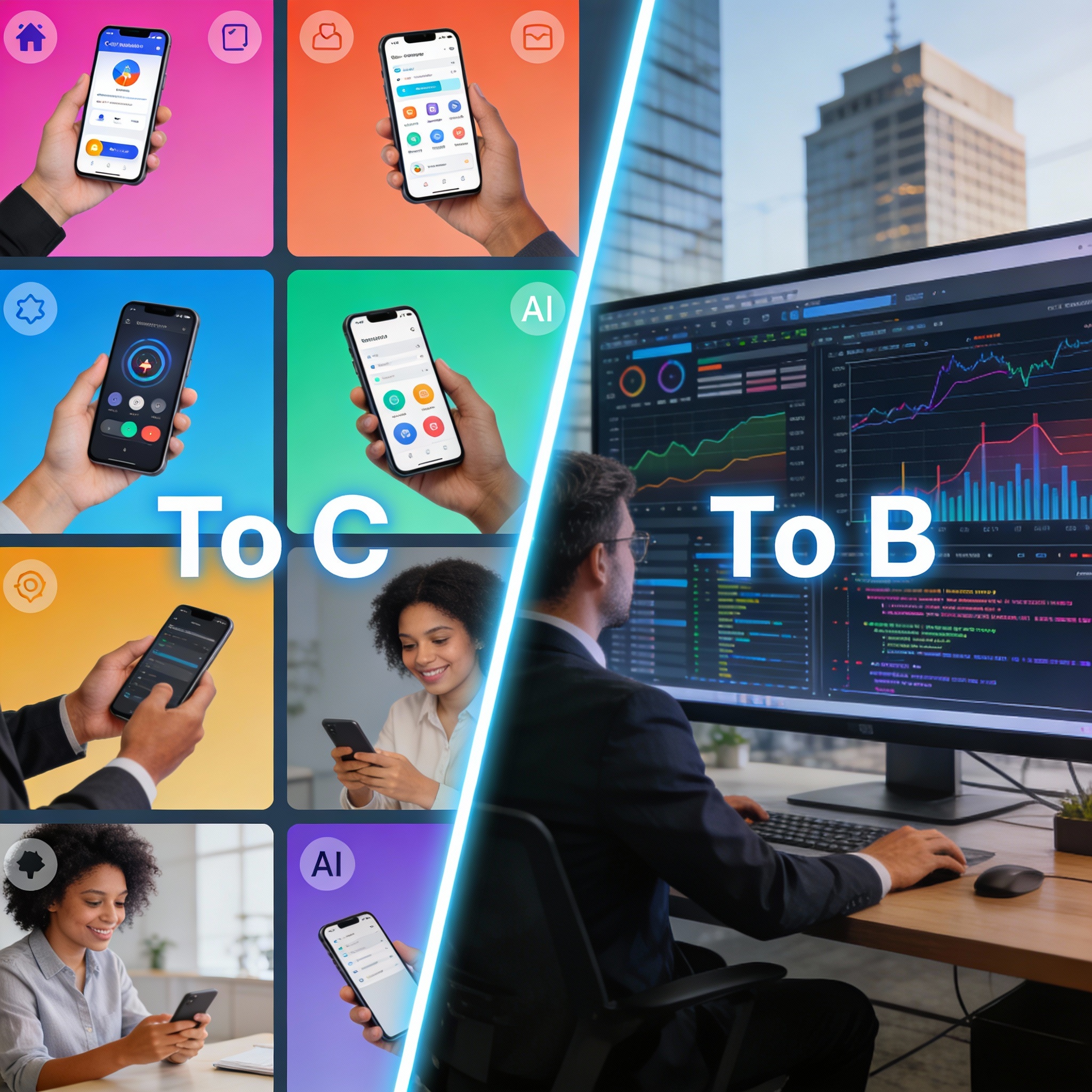Visual split showing consumer-facing (To C) AI on one side and business-to-business (To B) AI on the other, highlighting market differentiation.