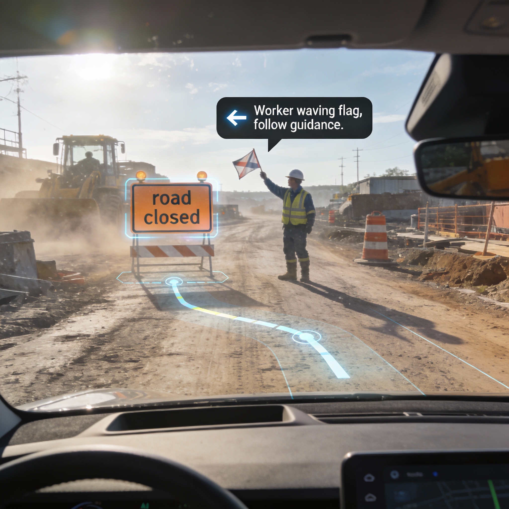 A driver's view from an autonomous car in a construction zone, showing augmented reality overlays of signs, a worker, and internal AI reasoning.