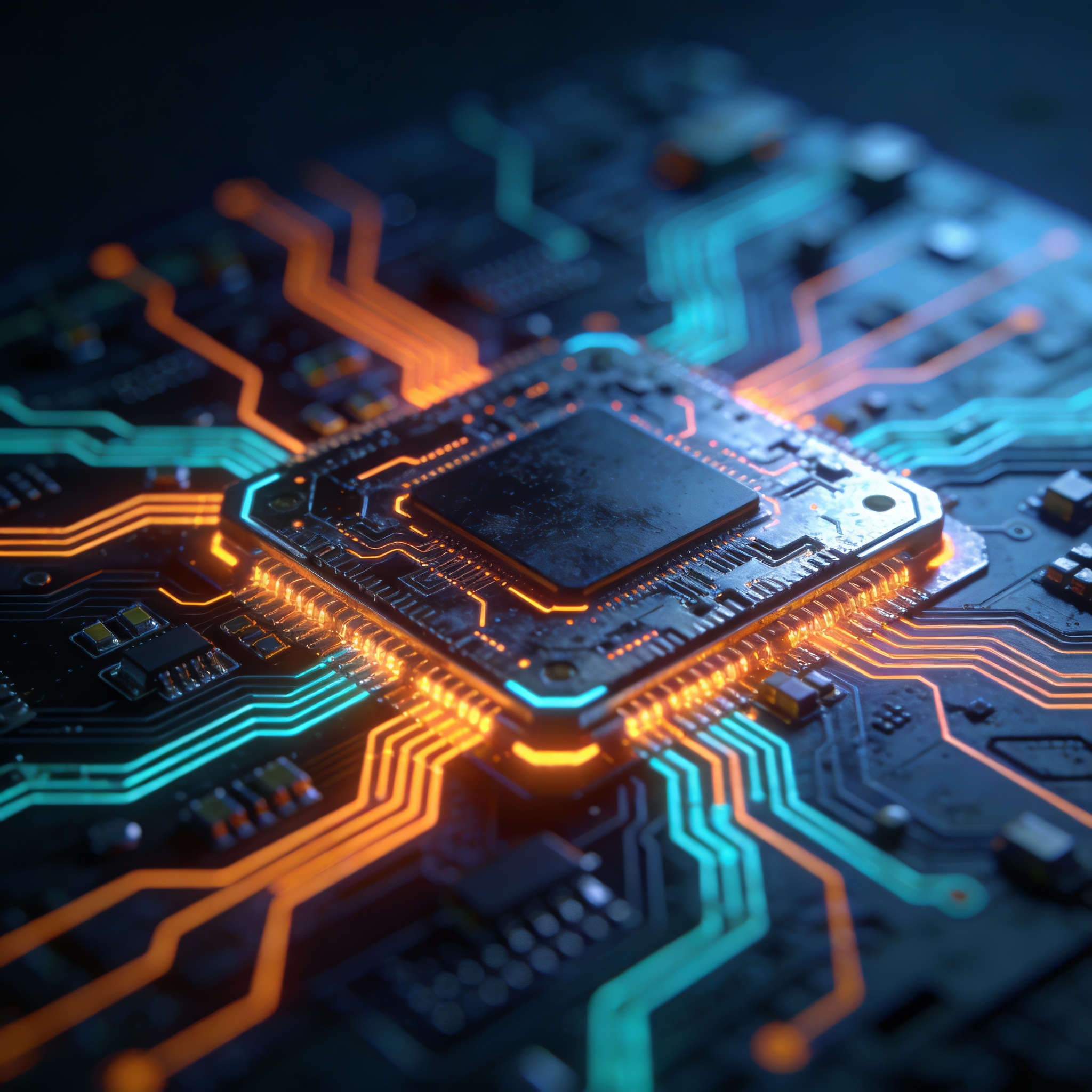 Close-up macro view of a Tensor Processing Unit (TPU) chip with illuminated circuit pathways against a dark background.