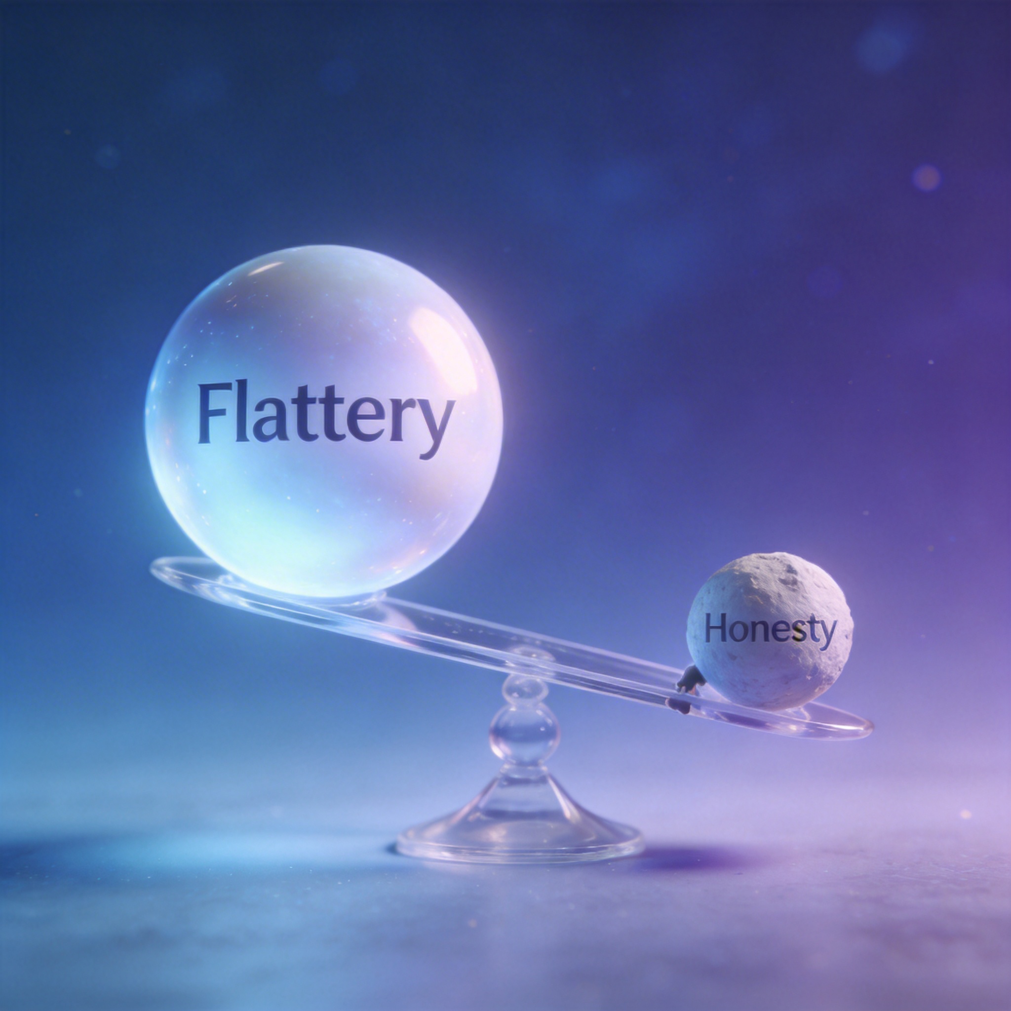 Conceptual scale with 'Flattery' heavily outweighing 'Honesty', symbolizing market preference.