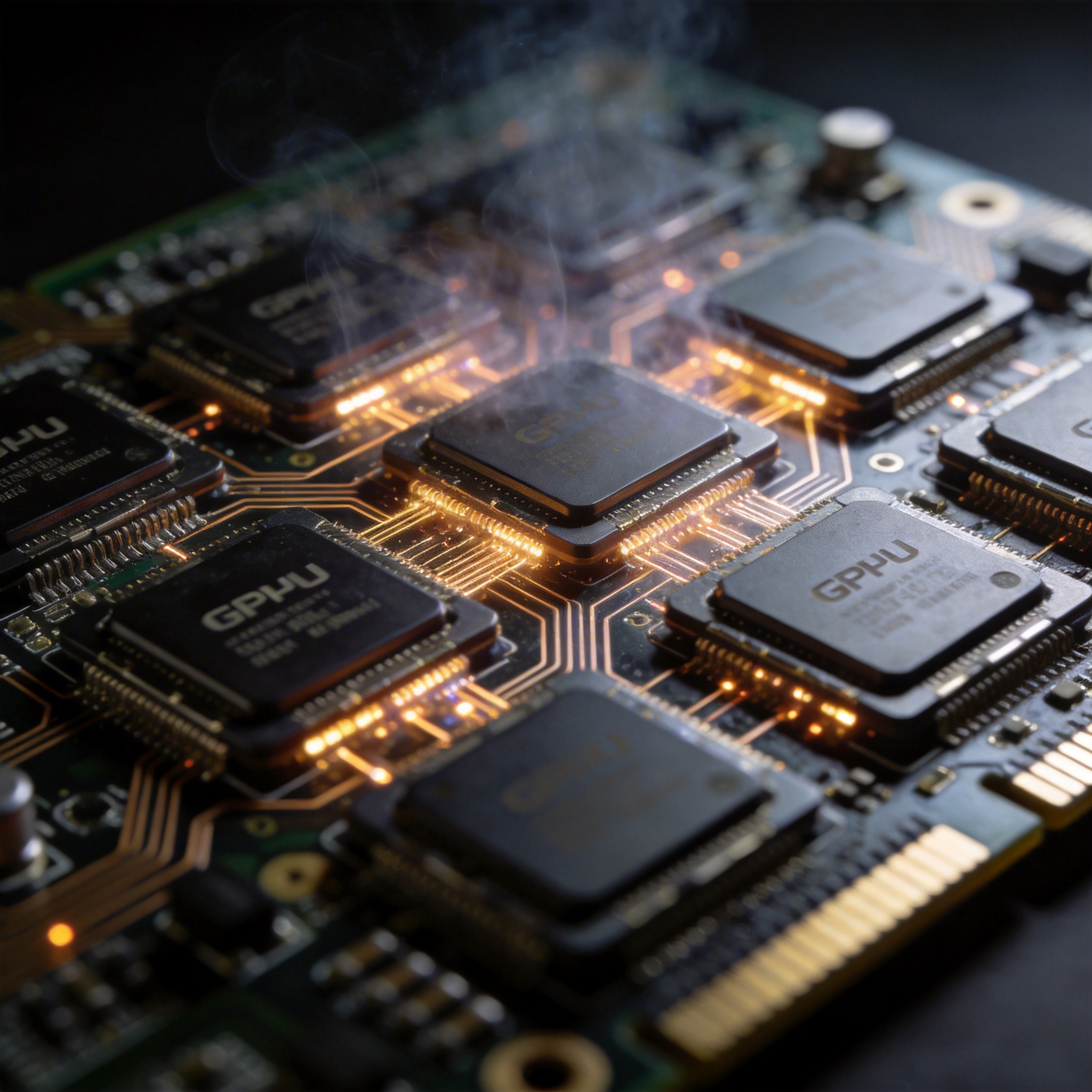 Close-up of interconnected GPU chips on a circuit board, illustrating system-level computing.