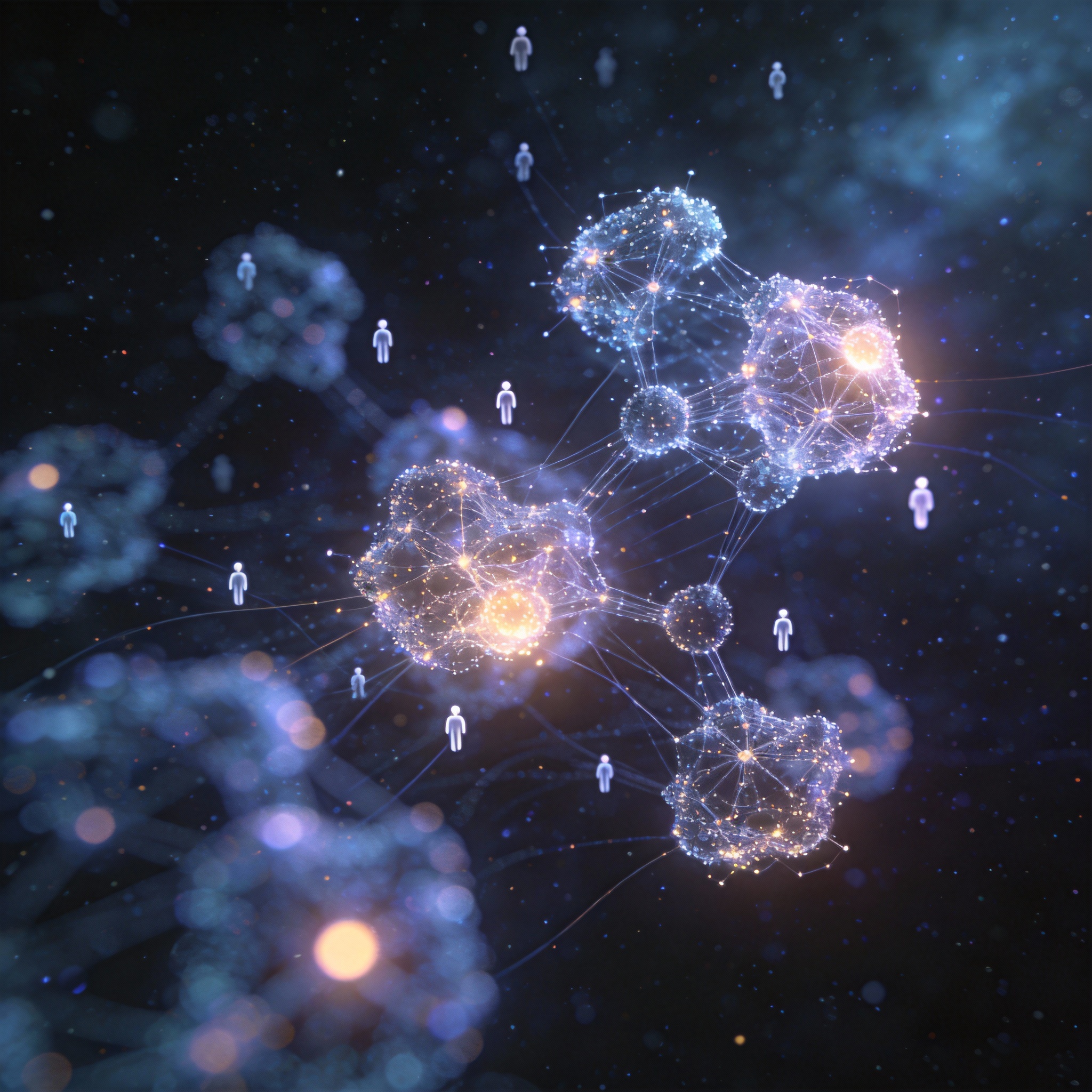 Abstract glowing particles forming interconnected clusters, symbolizing AI community and empathy.