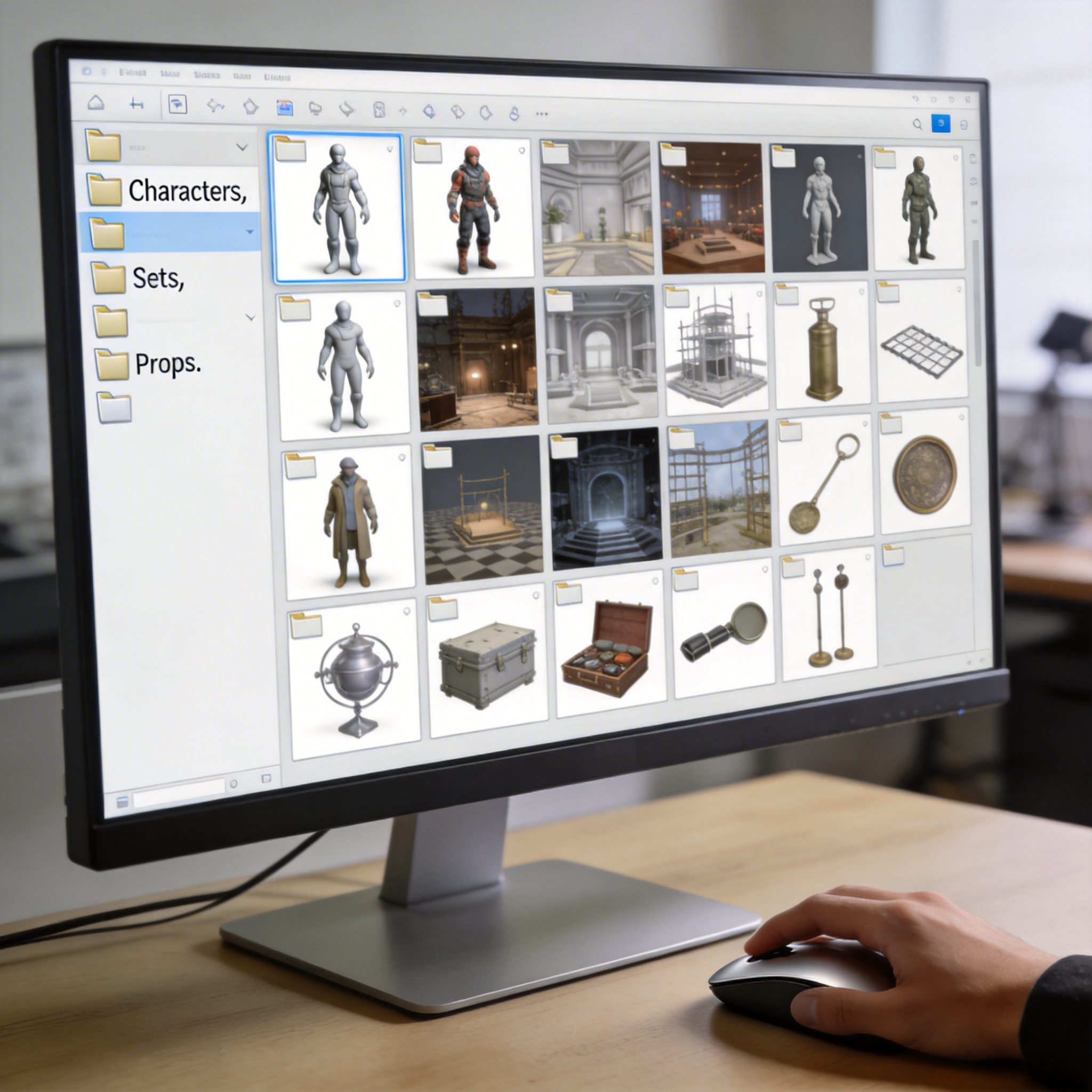 Digital asset library on a monitor, showing organized characters, sets, and props for film production.