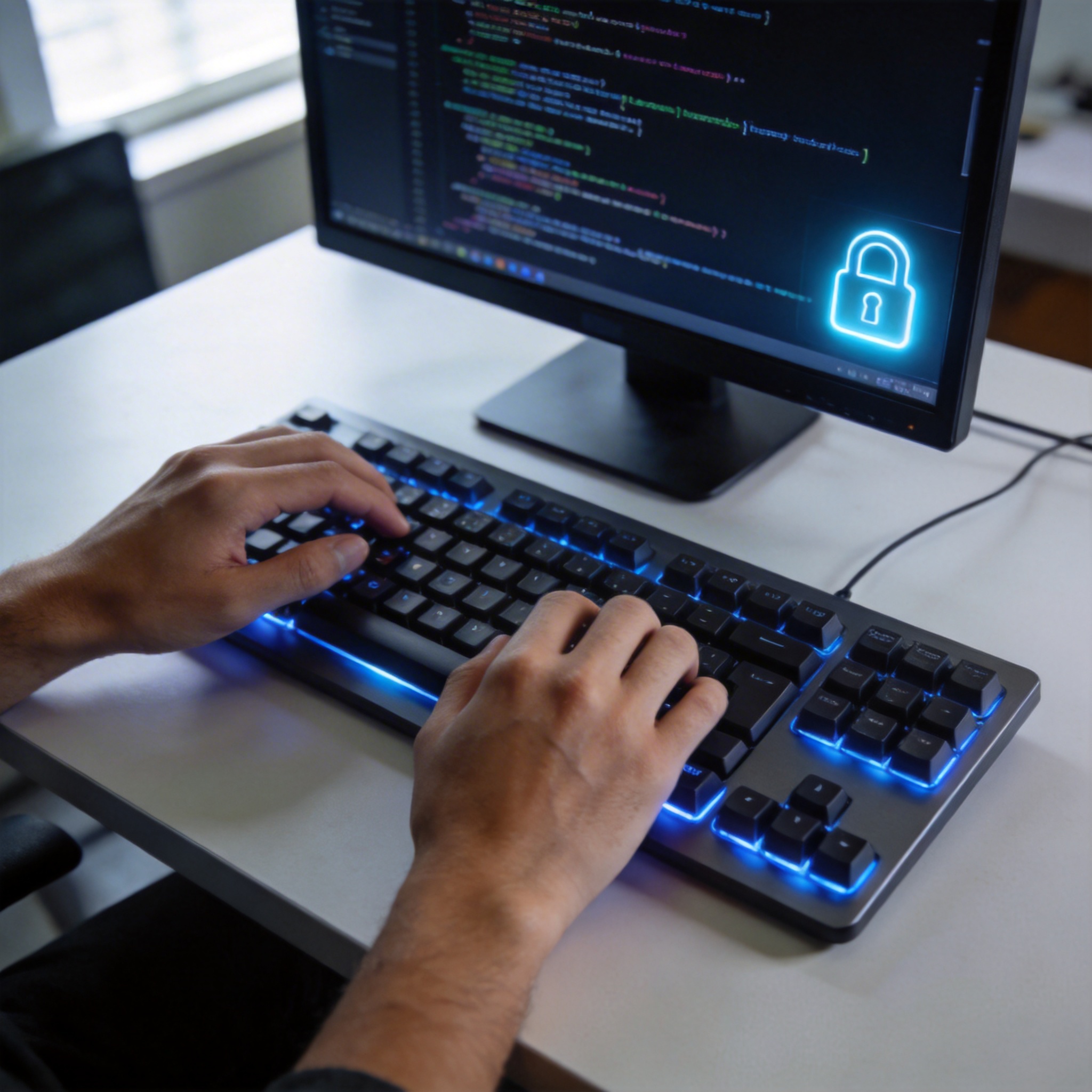Hands typing code on a keyboard, with a glowing padlock icon on the screen, symbolizing AI decrypting information.