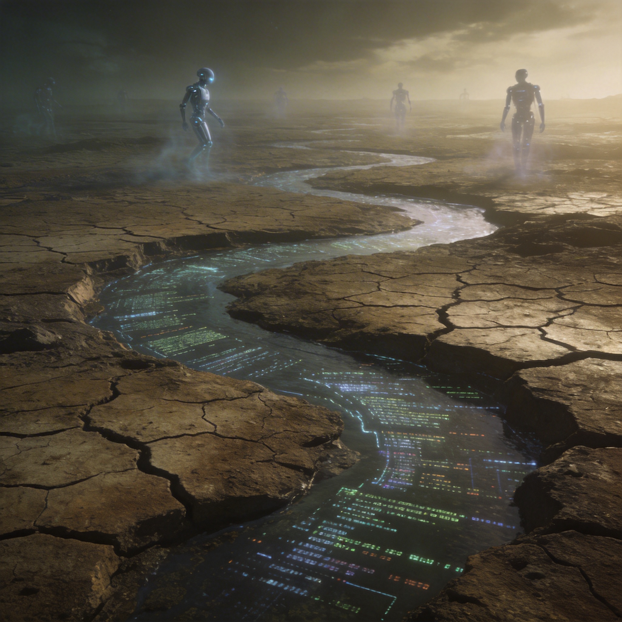 Digital landscape with drying data rivers, symbolizing AI data exhaustion.