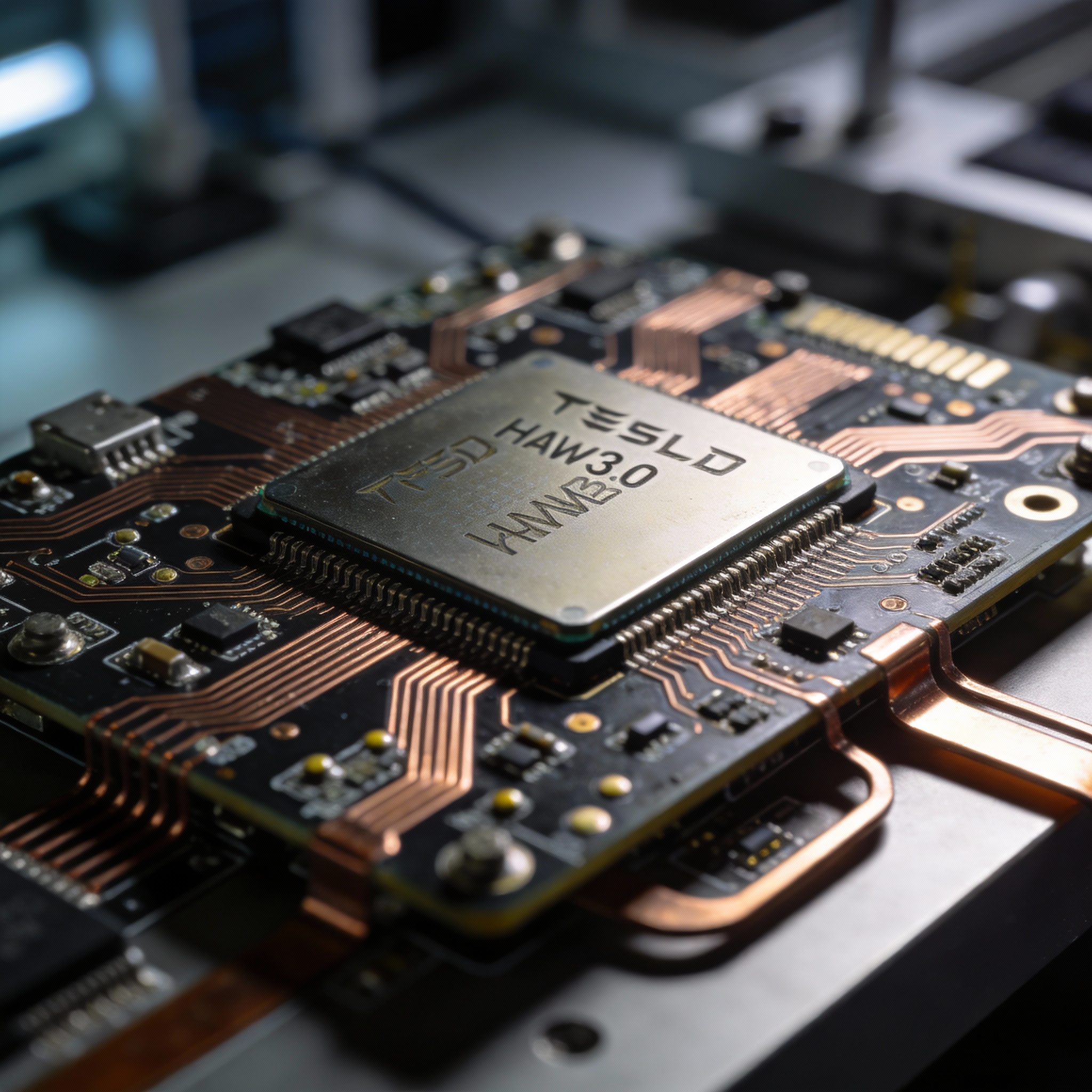 A detailed close-up of Tesla's FSD chip (HW3.0) on a circuit board, showcasing its intricate circuitry and metallic sheen.