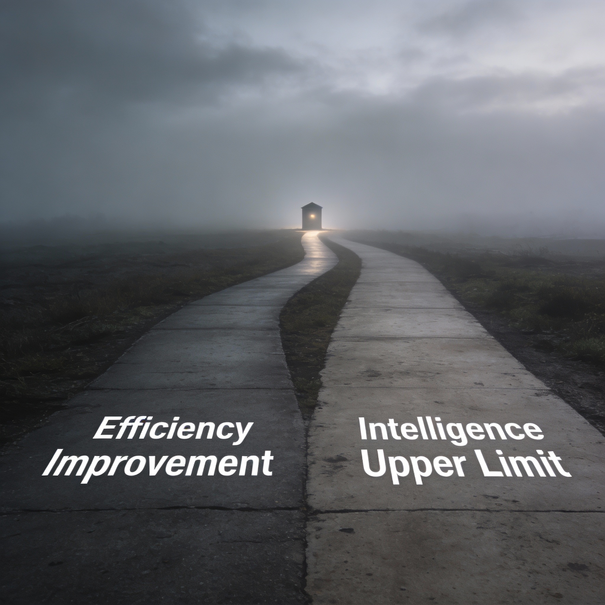 Two diverging paths on a road, labeled 'Efficiency Improvement' and 'Intelligence Upper Limit'.