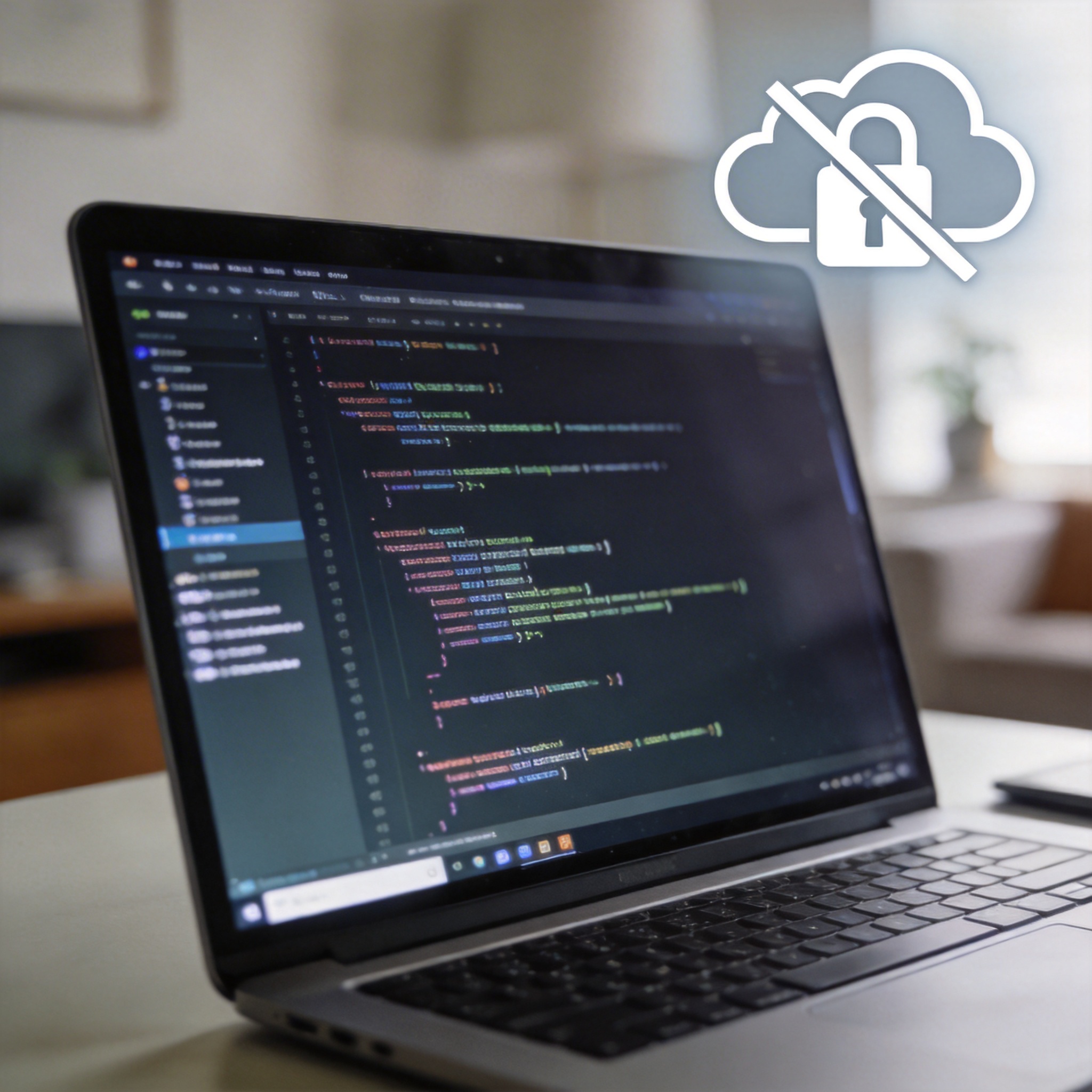 Laptop screen showing code with privacy and no-cloud icons, representing local AI code execution.