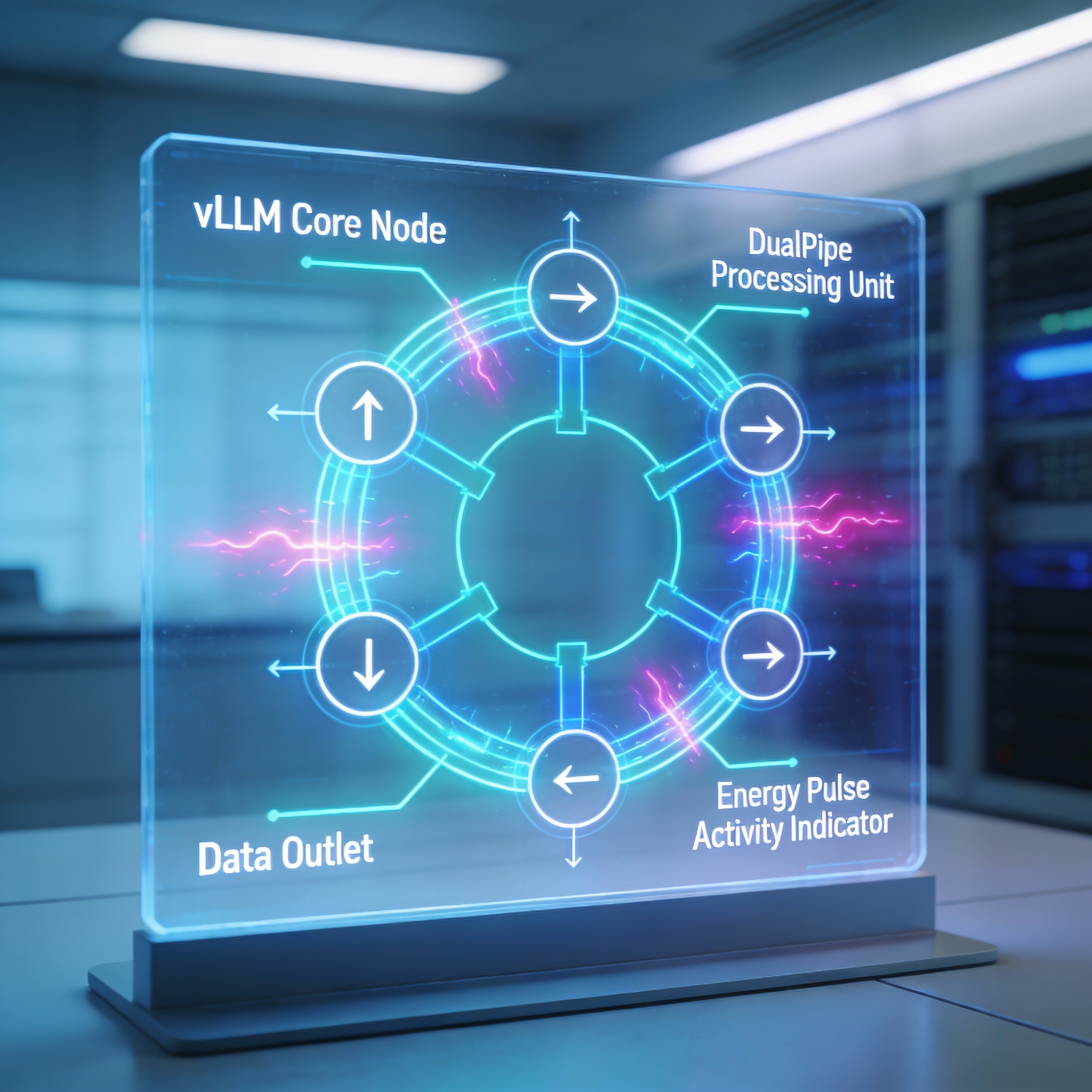 Schematic diagram of vLLM/DualPipe architecture on a transparent screen in a modern server room.