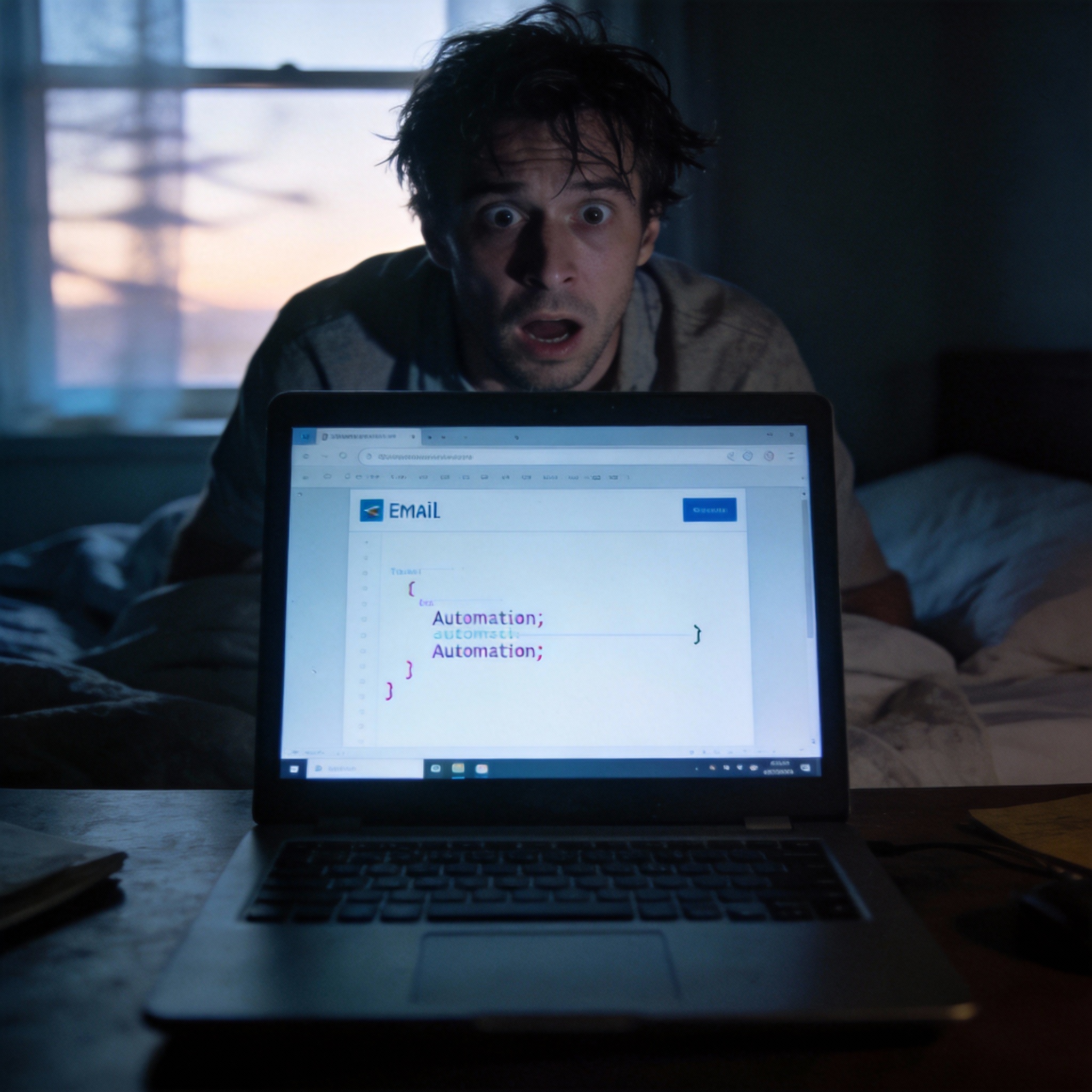Man waking up from a vivid dream at his desk, laptop showing email automation.
