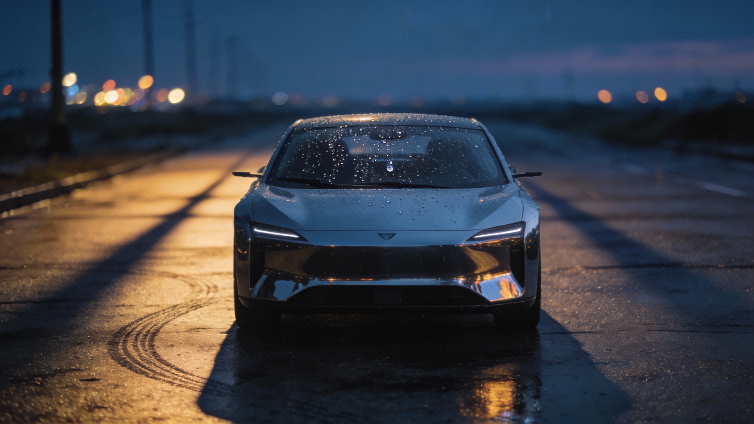A futuristic robotaxi sits alone on a wet city street at dusk, reflecting distant lights, symbolizing unfulfilled promises.