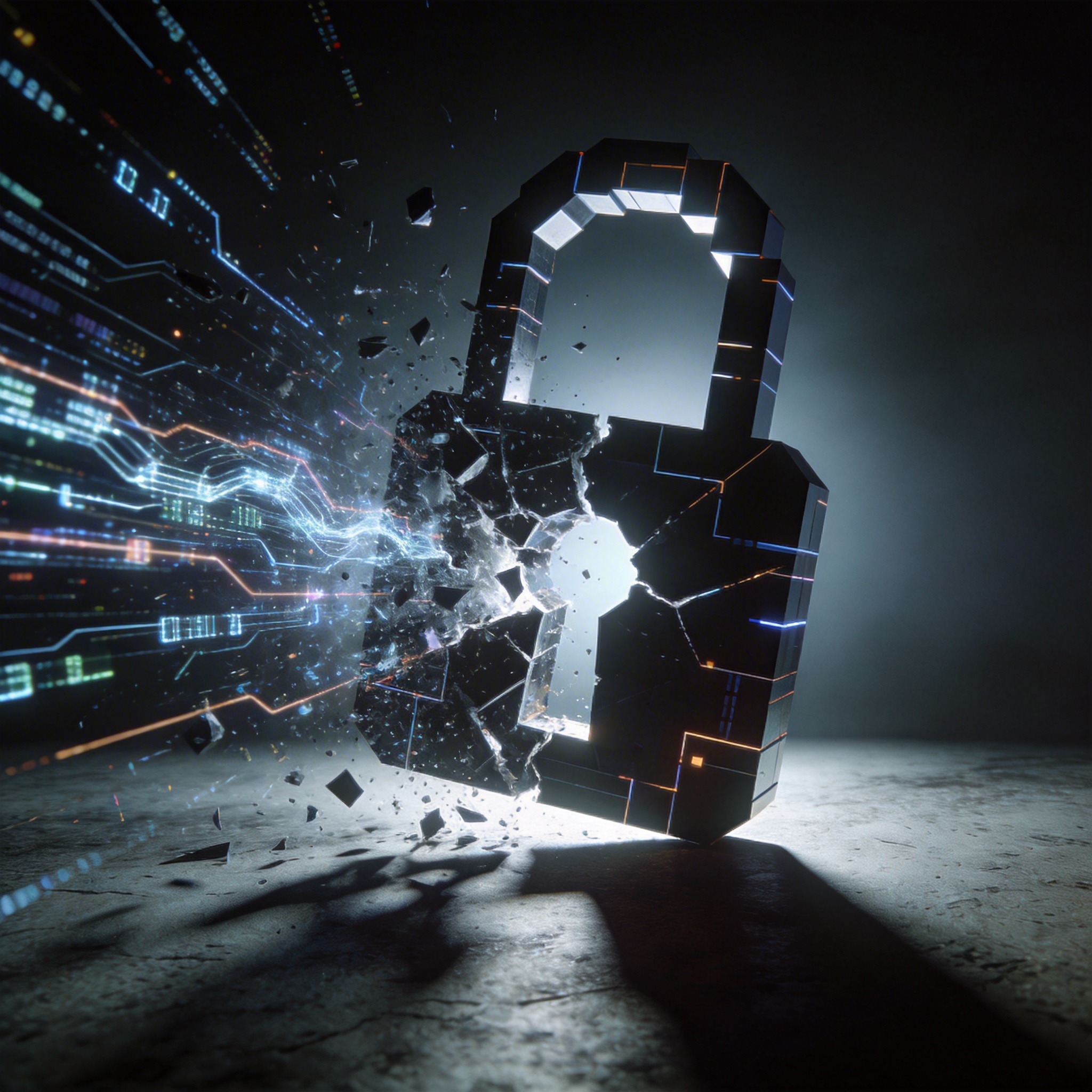 Abstract image of a digital lock being broken by glowing data streams, symbolizing exploit generation.