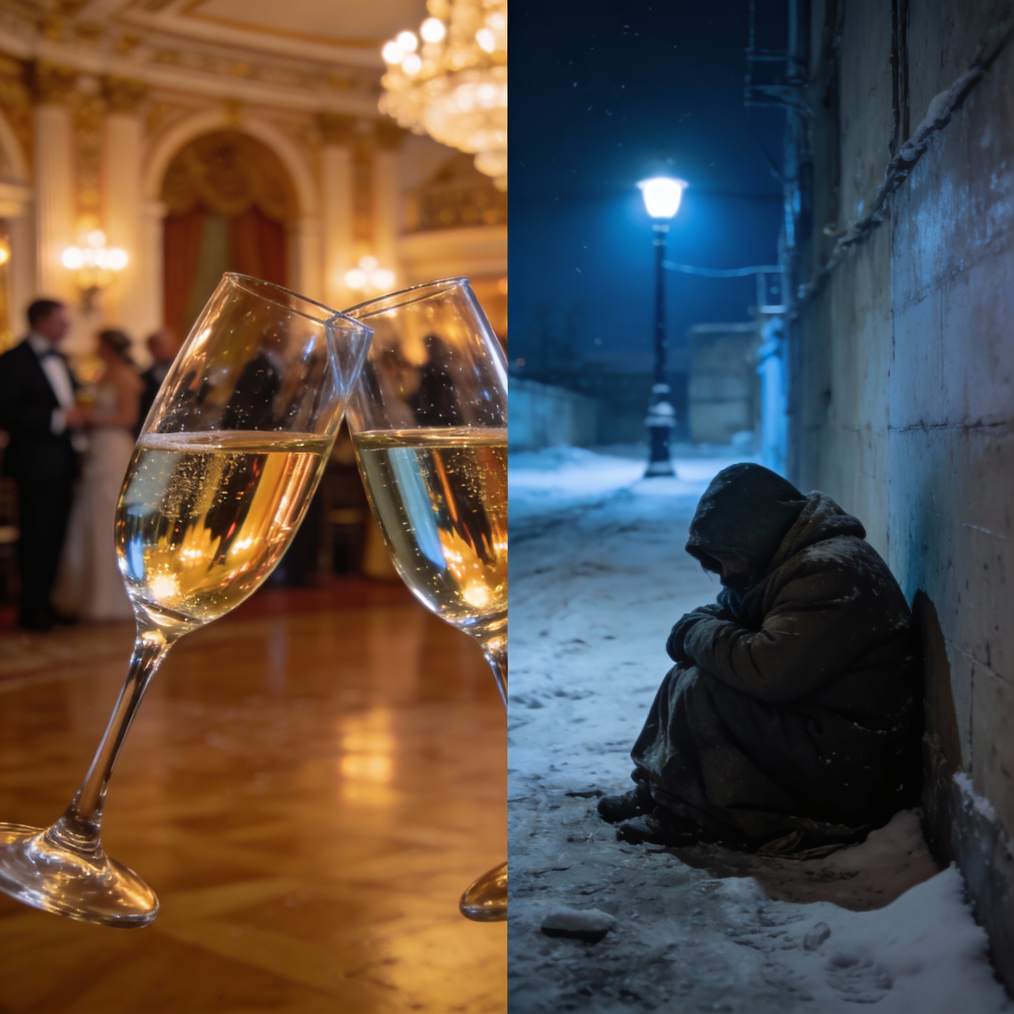 Split image showing a champagne toast in a luxurious setting contrasted with a homeless person in a snowy urban environment.
