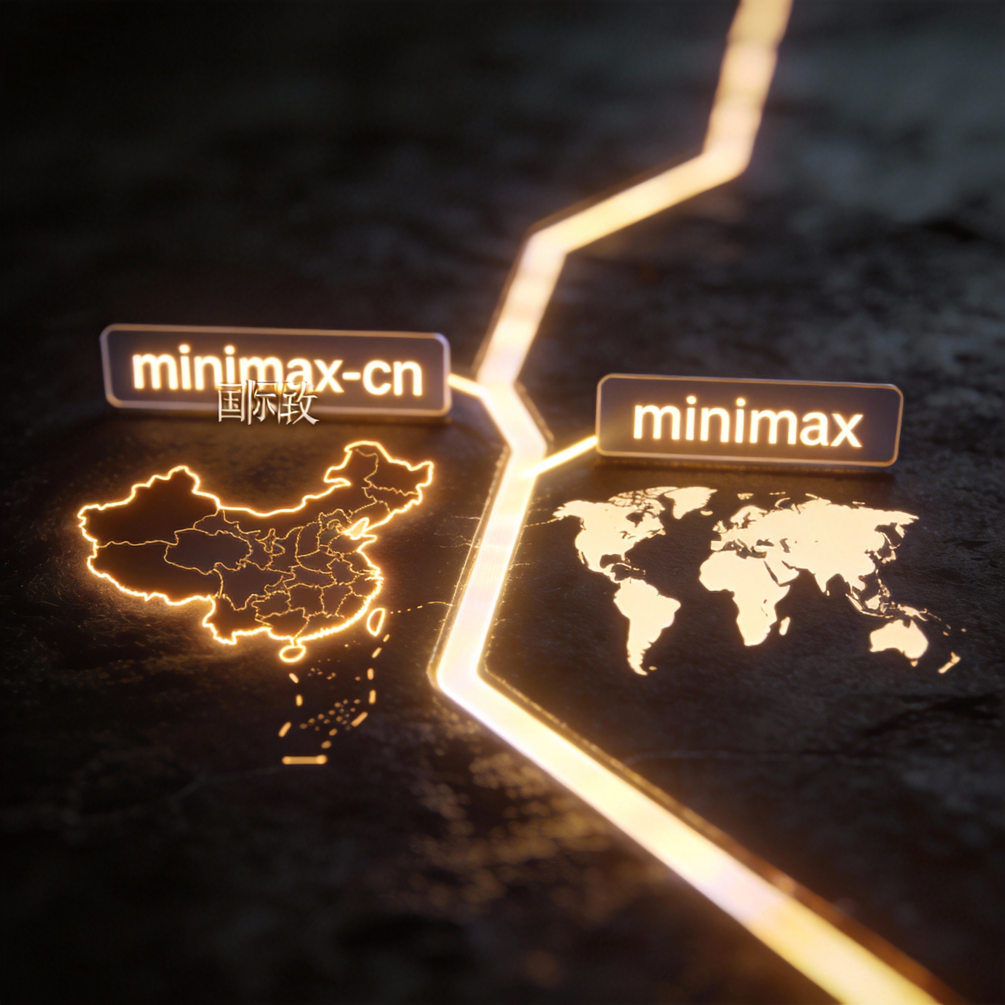 Two glowing digital pathways, one labeled 'minimax-cn' leading to China, the other 'minimax' leading globally.