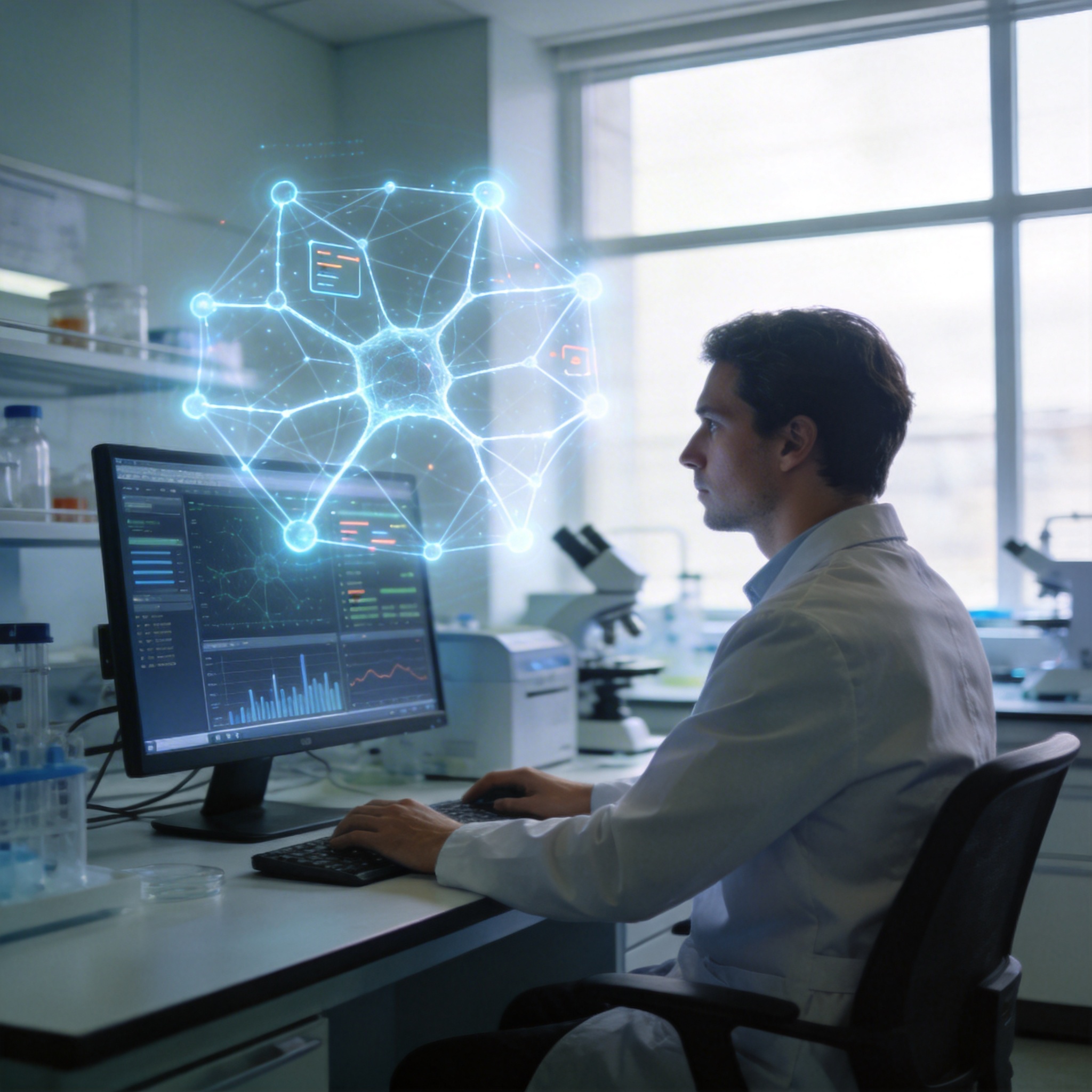 Human researcher overseeing an AI system, symbolizing automated AI research under human direction.