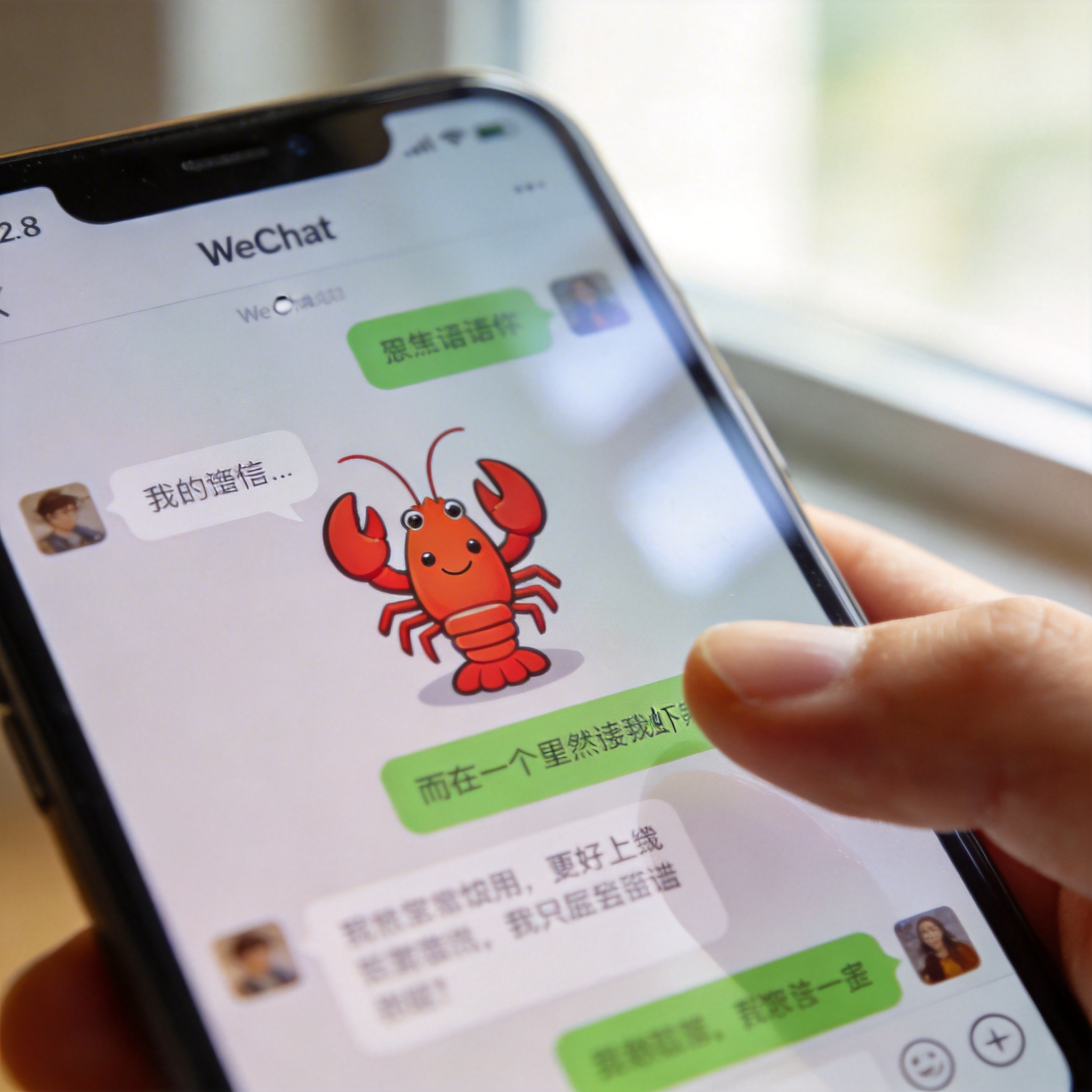 Smartphone screen showing WeChat chat interface with a 'Lobster' chatbot icon and conversation.