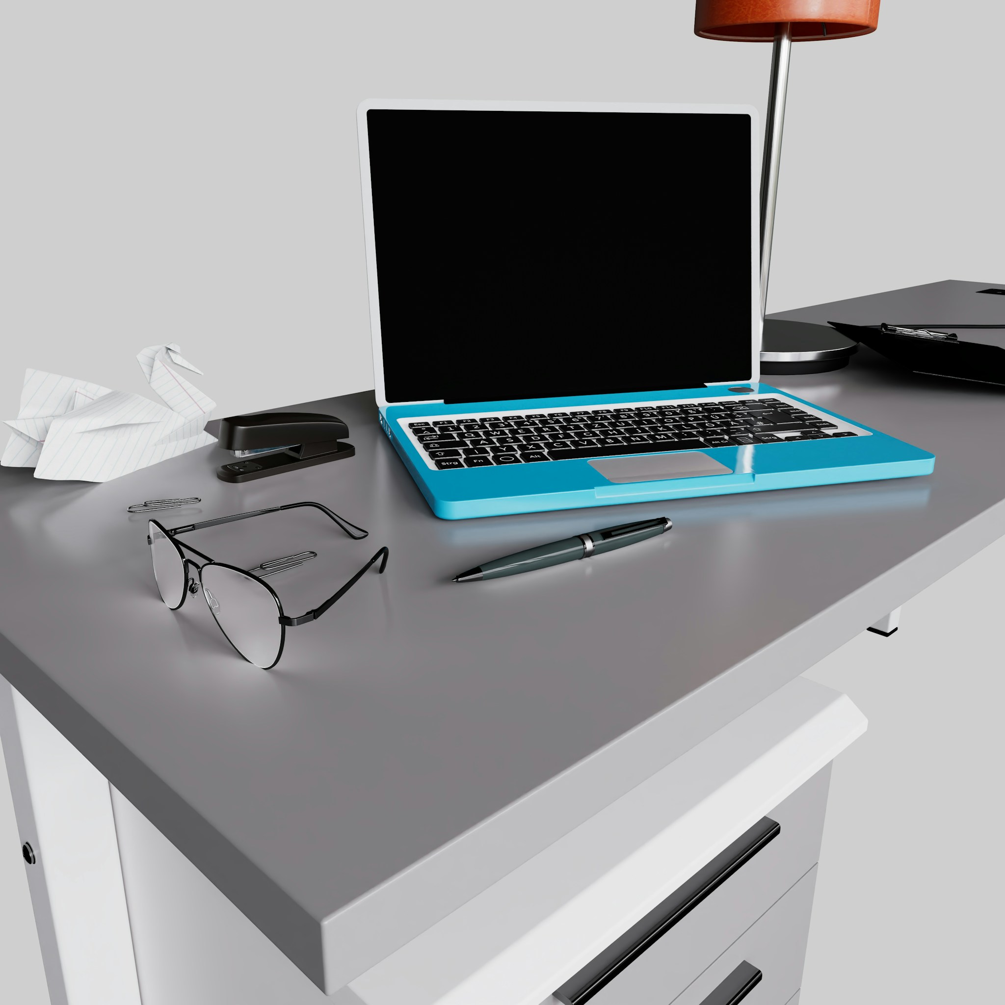 Professional office desk with a laptop, symbolizing an AI assistant at work.