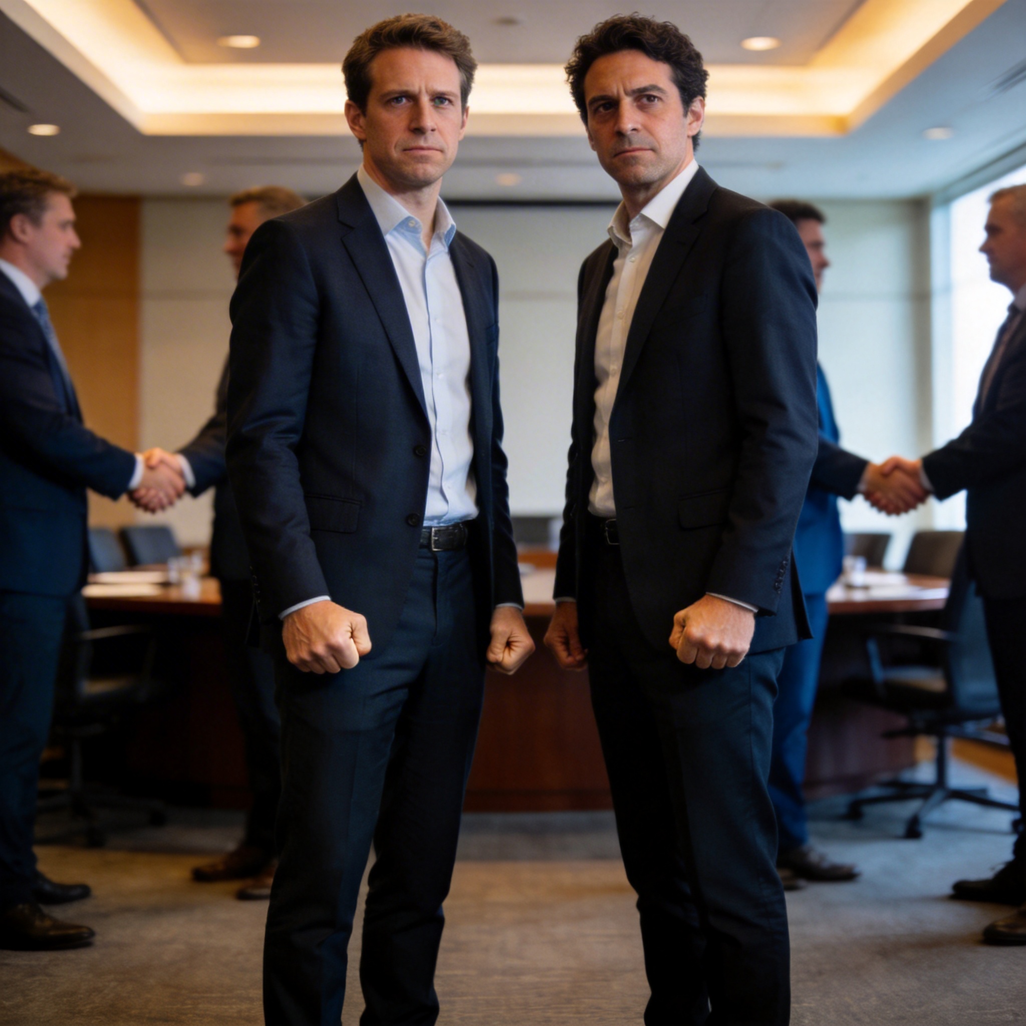 Two business leaders, resembling Sam Altman and Dario Amodei, with clenched fists instead of shaking hands at a summit.