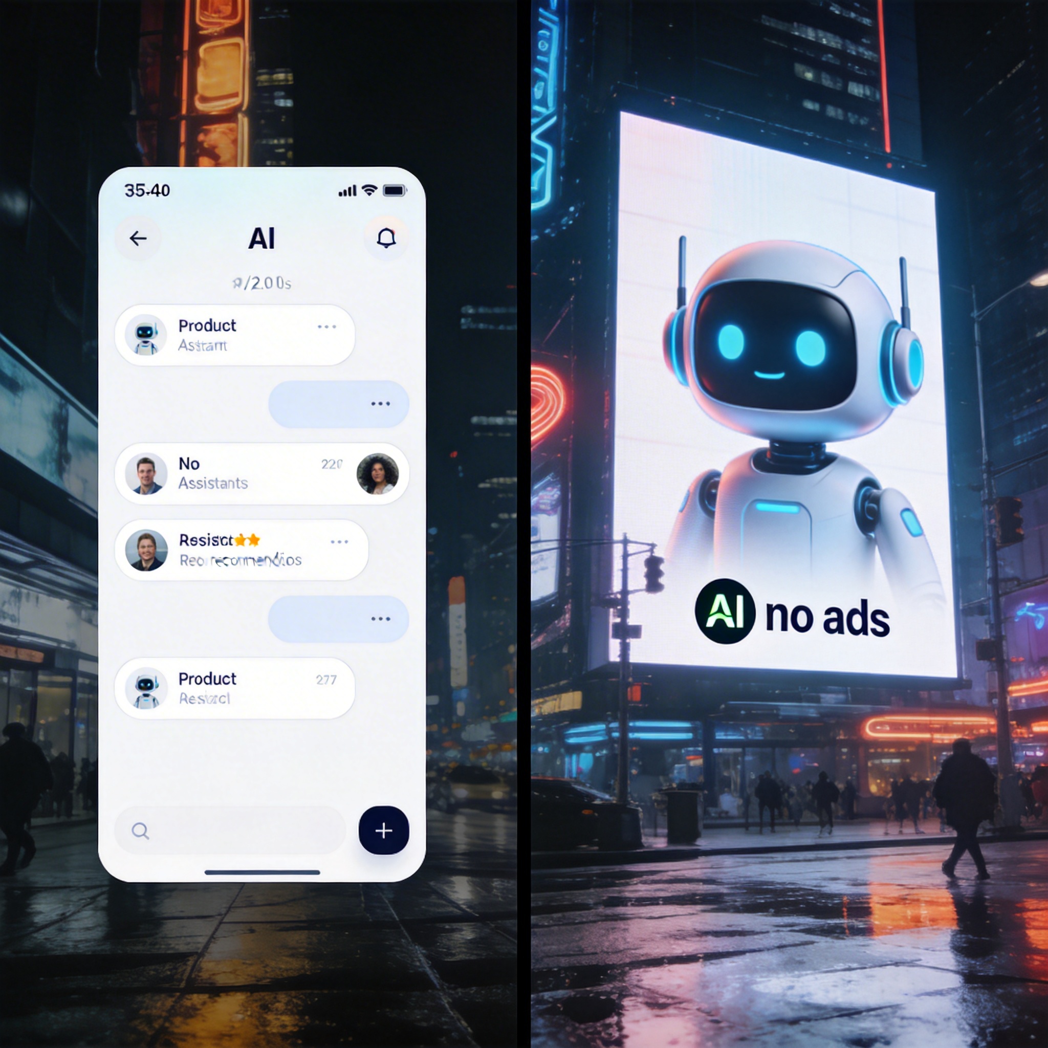 Split image showing AI with product ads on one side and an 'ad-free' AI on the other, symbolizing contrasting strategies.