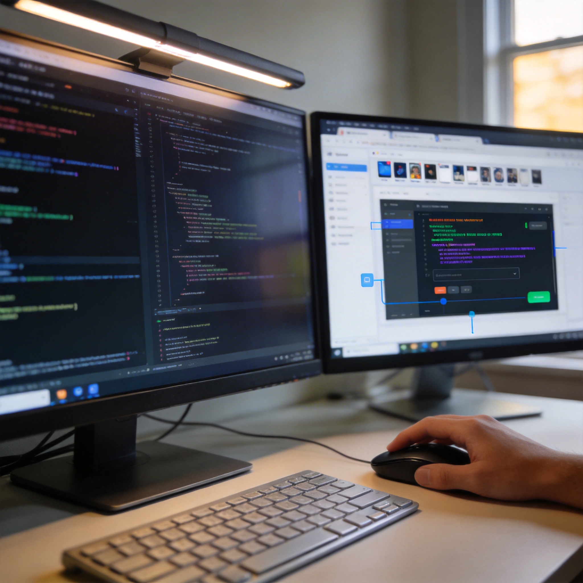 Computer workstation displaying code and web application, illustrating native computer usage.