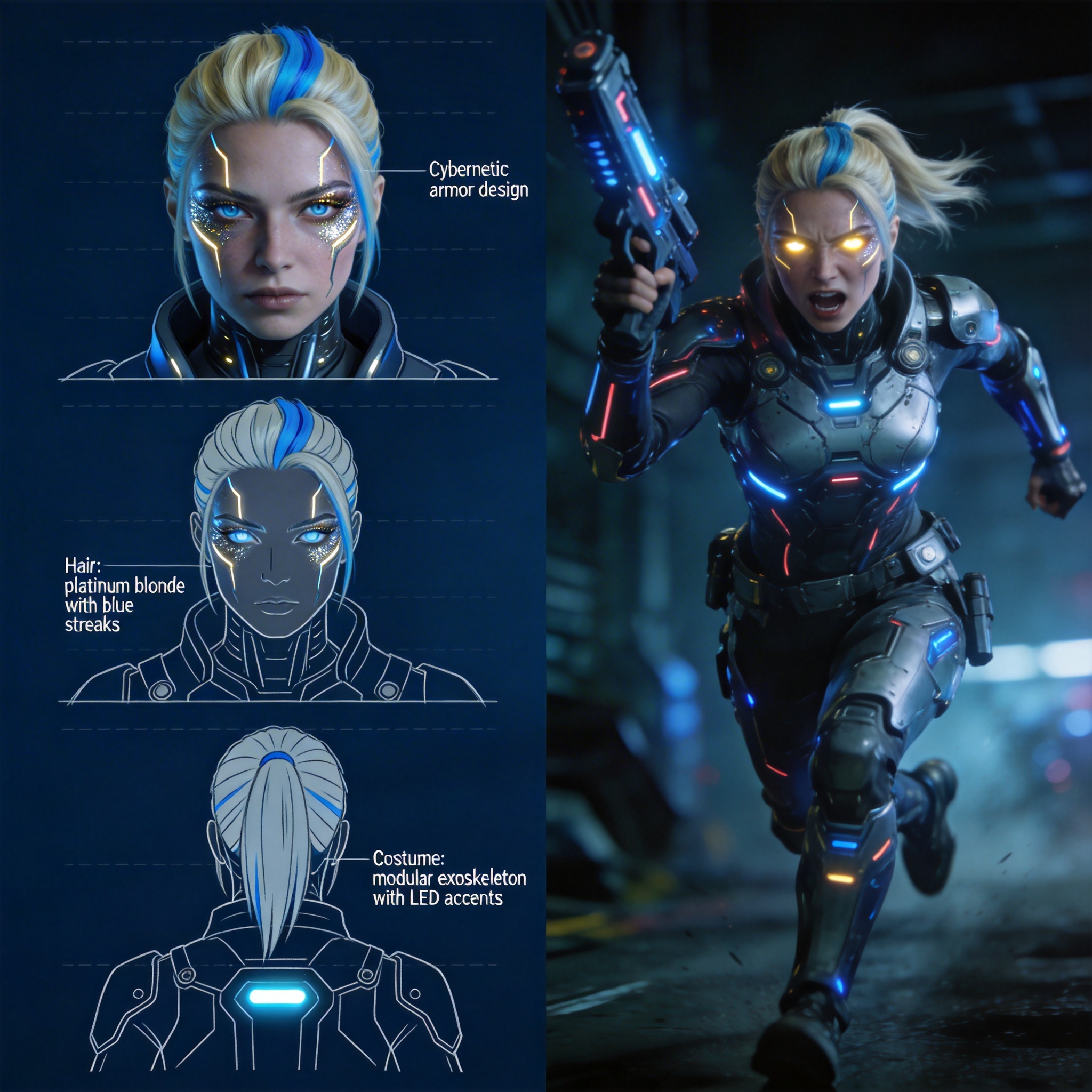 Split-screen showing a character design sheet and an AI-generated film still of the same character, demonstrating consistency.