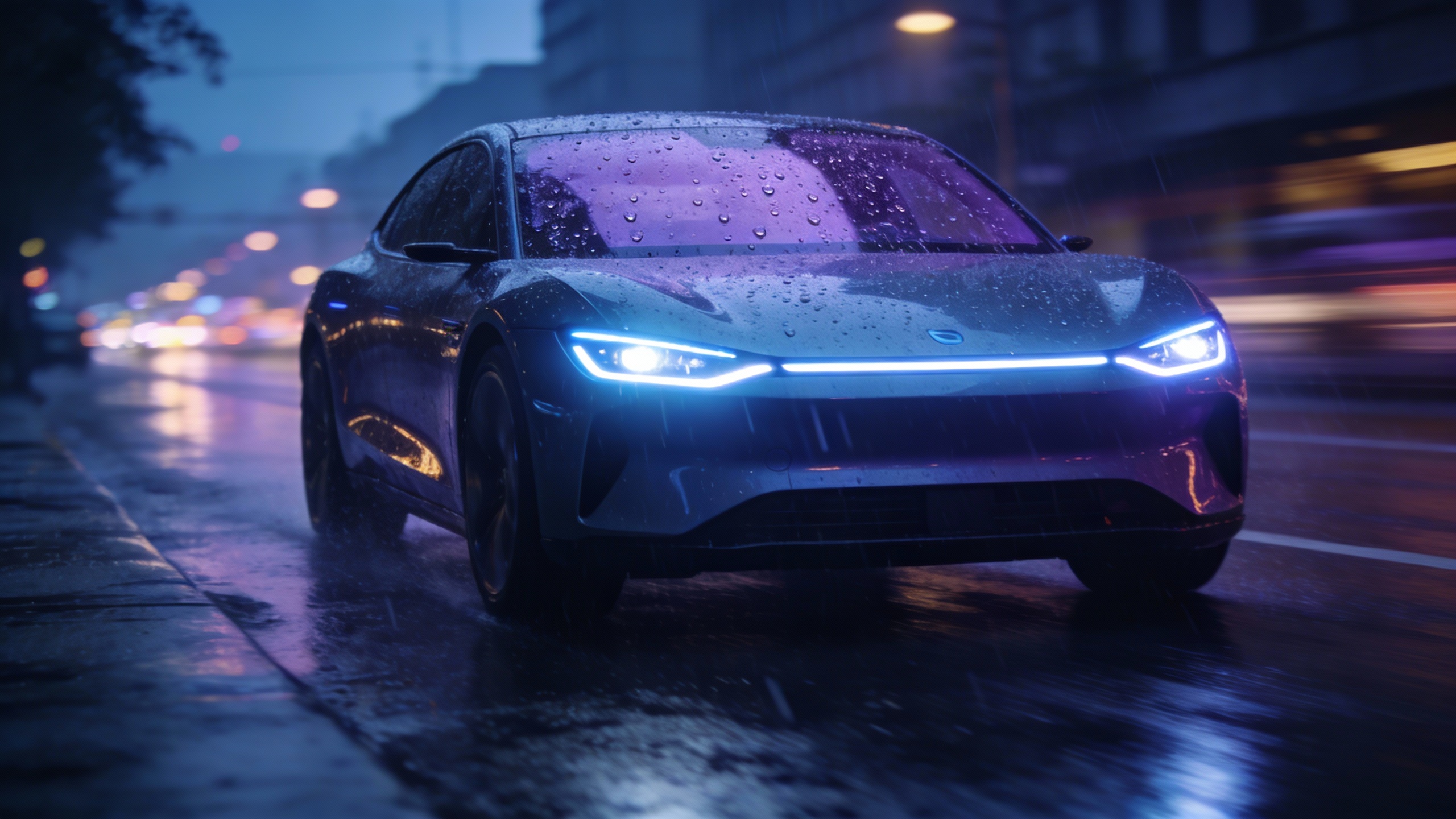 A sleek, modern autonomous vehicle with glowing headlights drives on a wet city street at dusk, reflecting blurred urban lights.