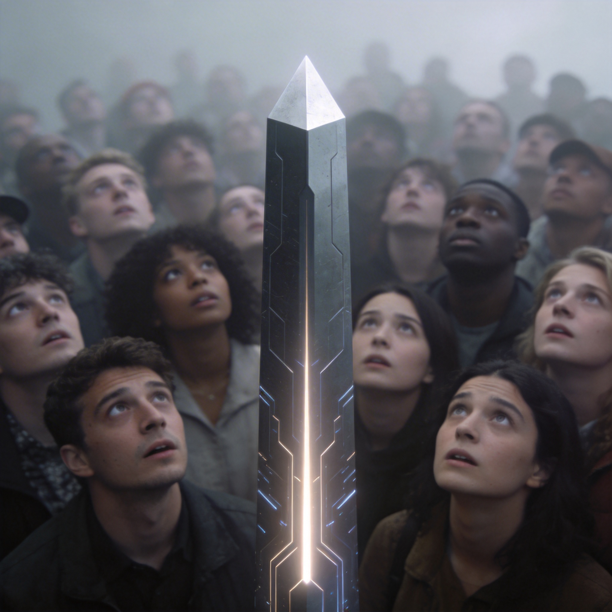 Diverse group of people looking up at a glowing AI monolith, symbolizing societal AI adoption.