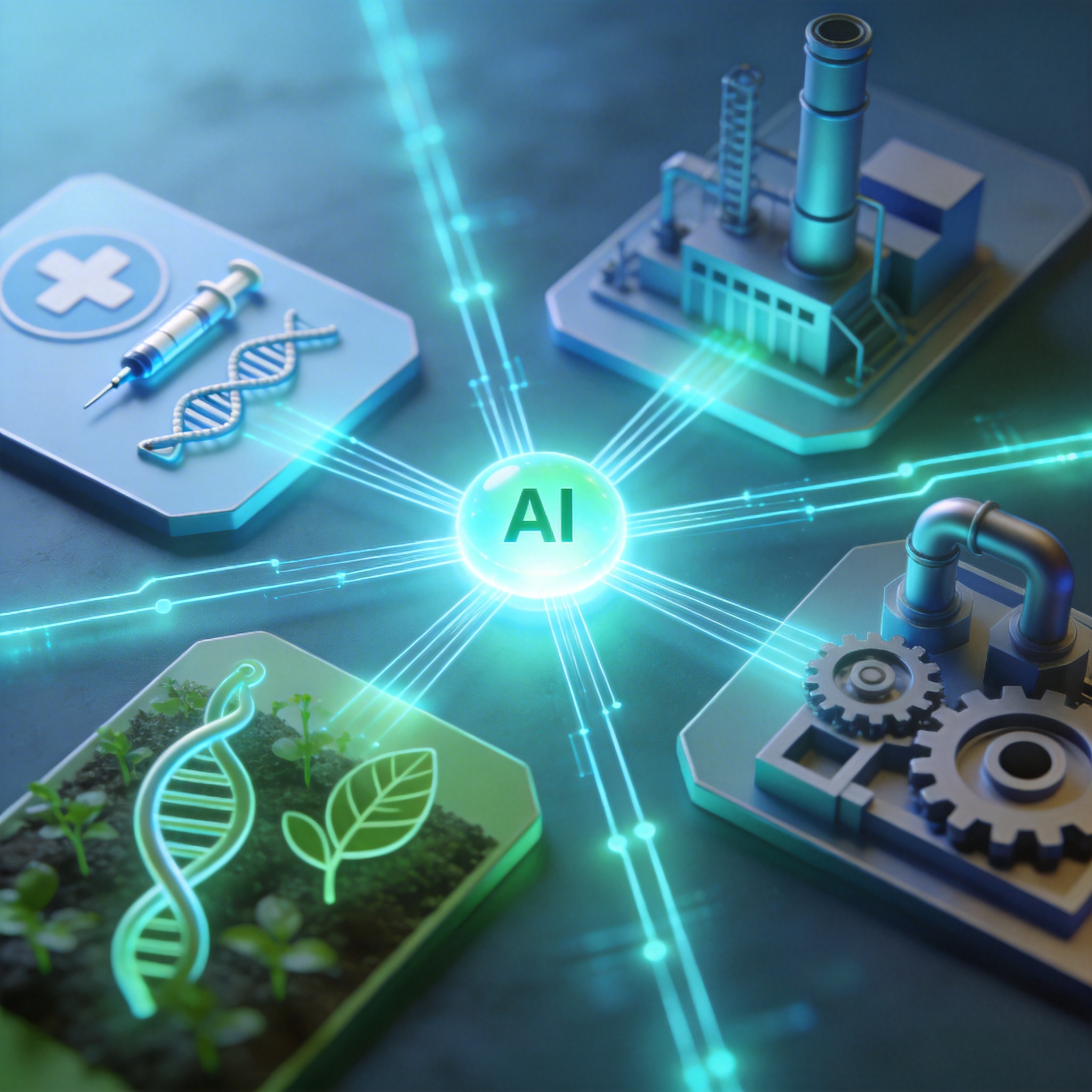 Abstract digital nervous system with data pathways extending into healthcare, agriculture, and manufacturing sectors.