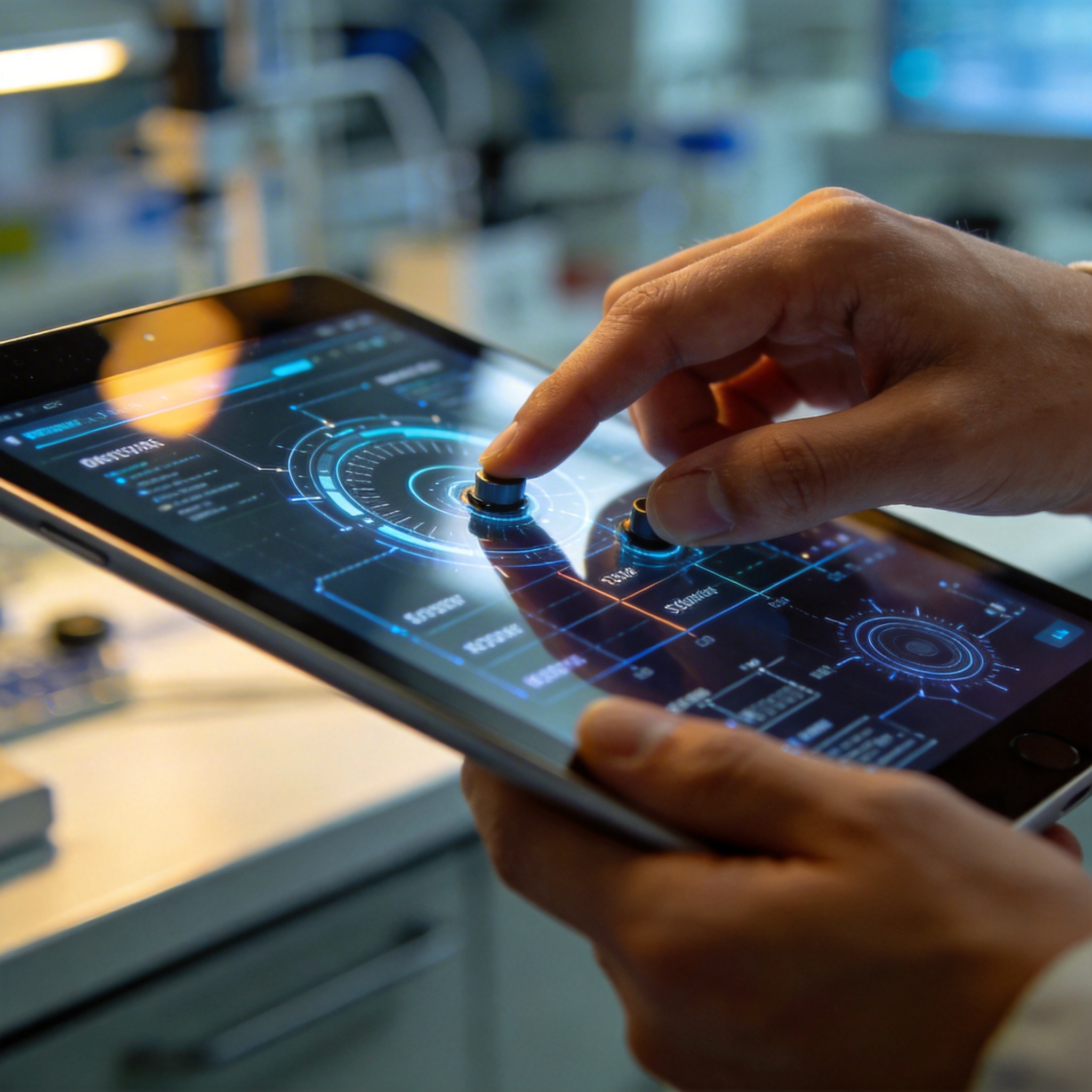 Hands carefully adjusting settings on a futuristic AI interface, symbolizing a measured approach to adoption.