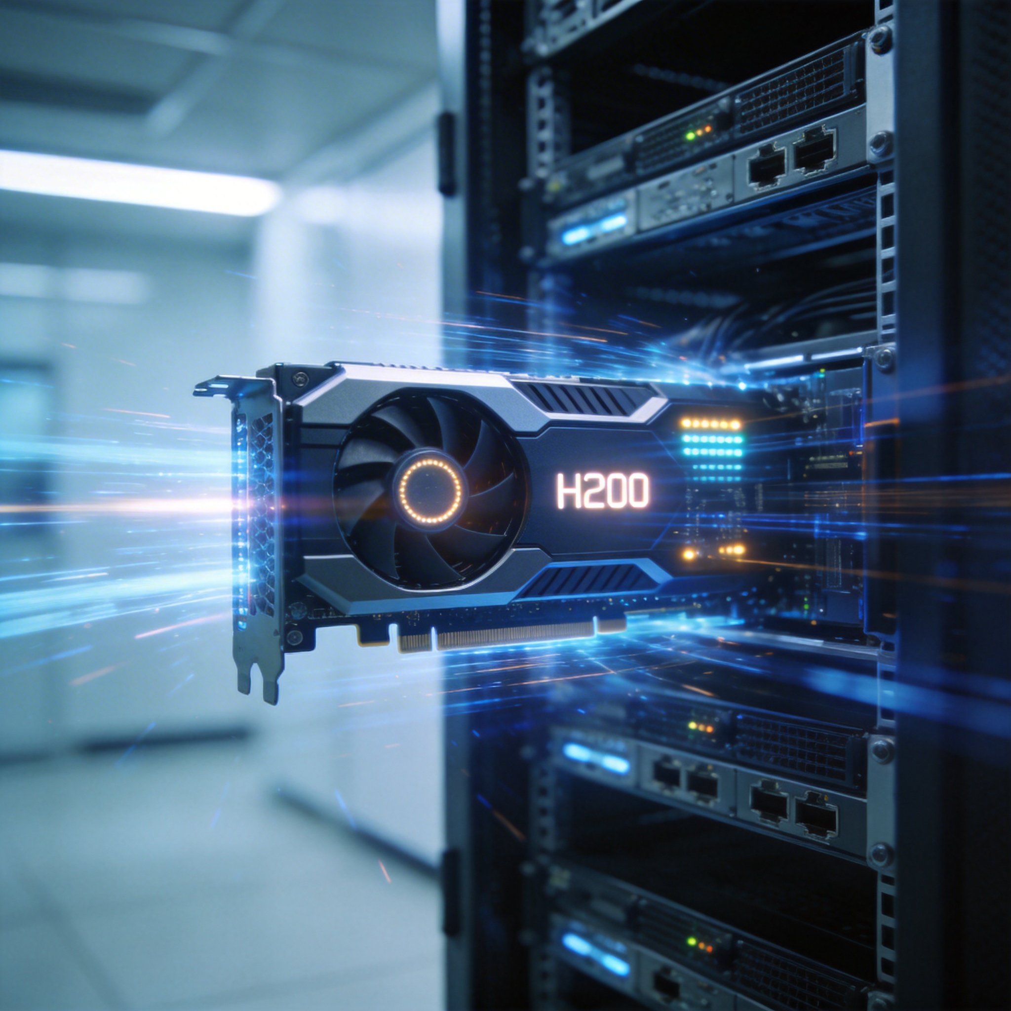 High-tech server rack with glowing GPU, symbolizing accelerated AI inference and computational efficiency.
