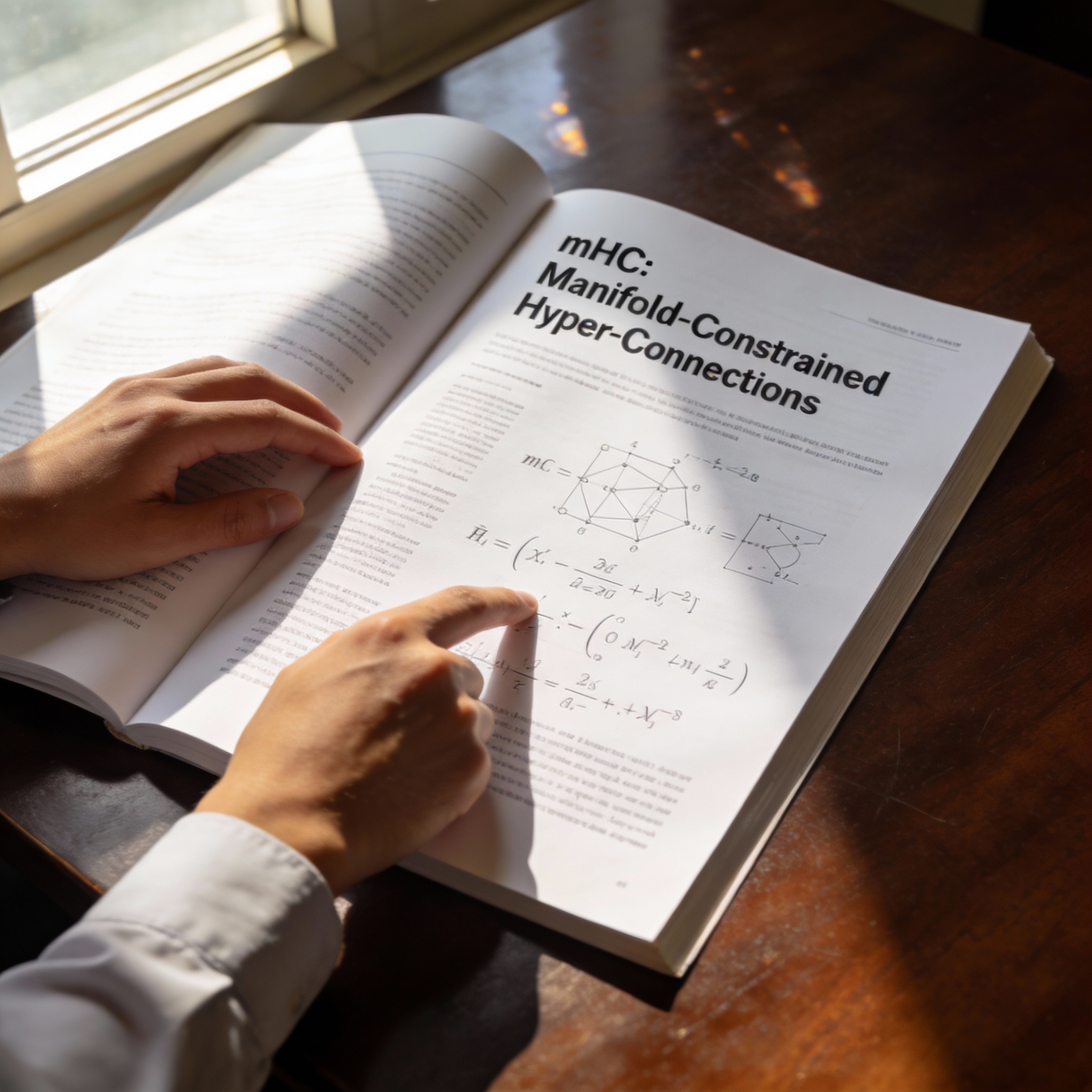 A research paper titled 'mHC: Manifold-Constrained Hyper-Connections' open on a desk.