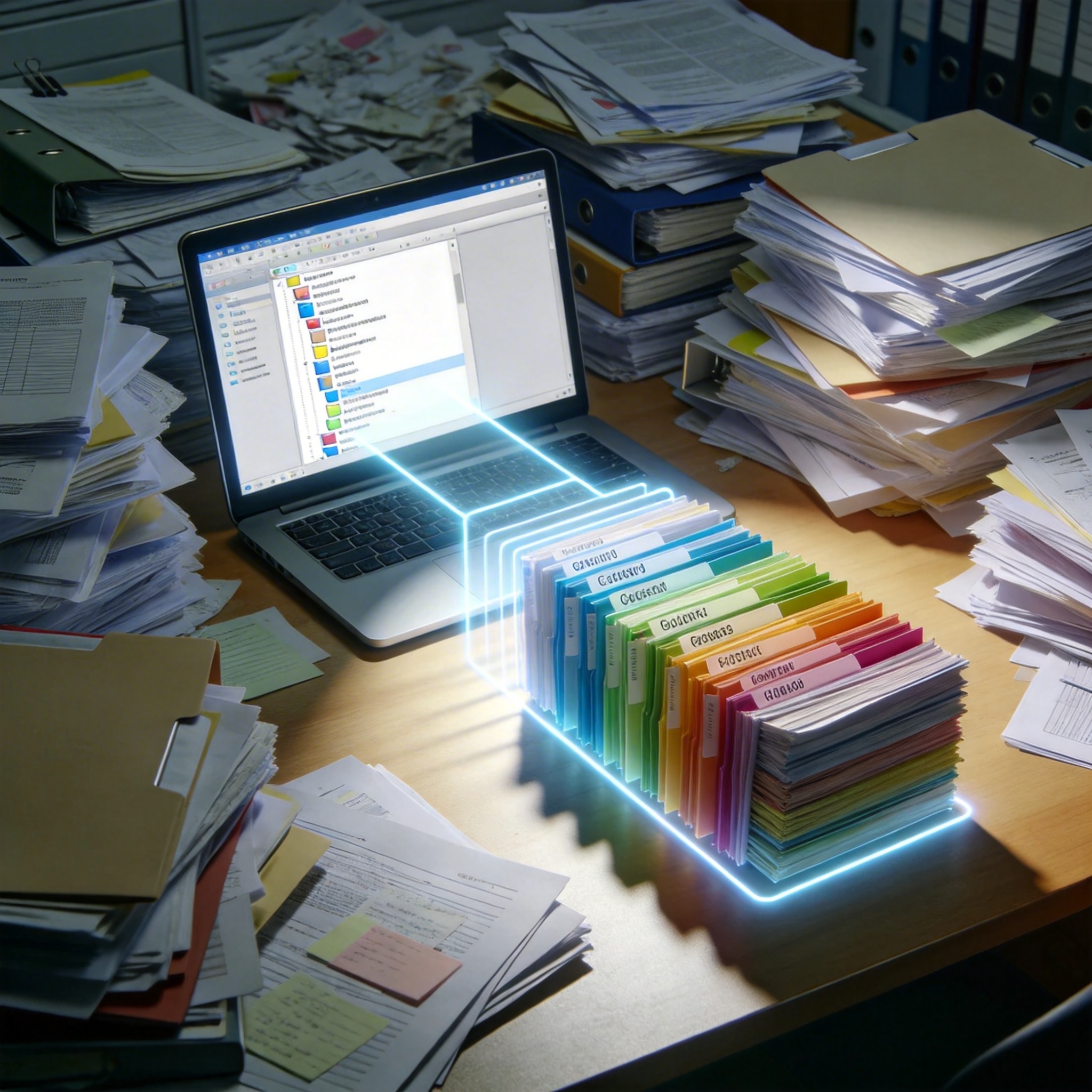 Chaotic desk with disorganized documents being digitally organized by a glowing line from a laptop screen.