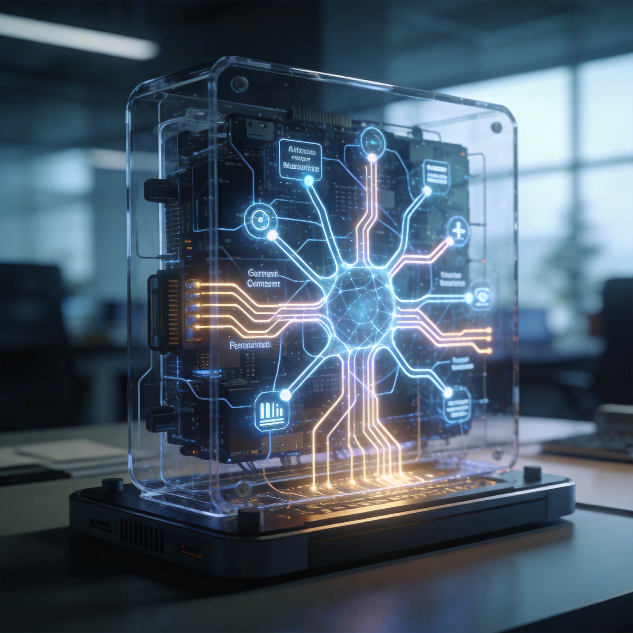 Abstract glowing neural network integrated into a transparent computing device, symbolizing an AI operating system.