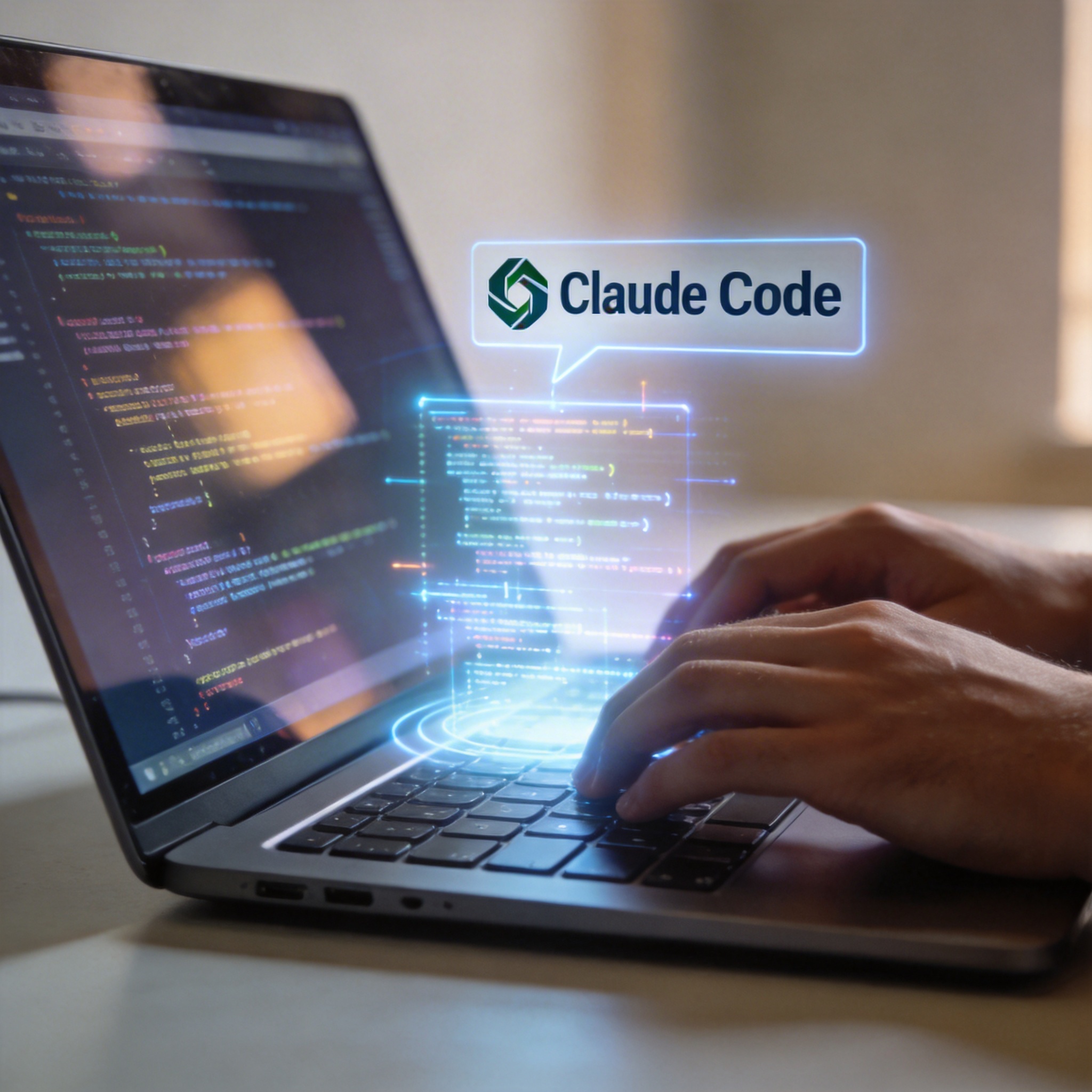Developer's hands typing on a laptop, with a holographic display of 'Claude Code' and programming syntax.