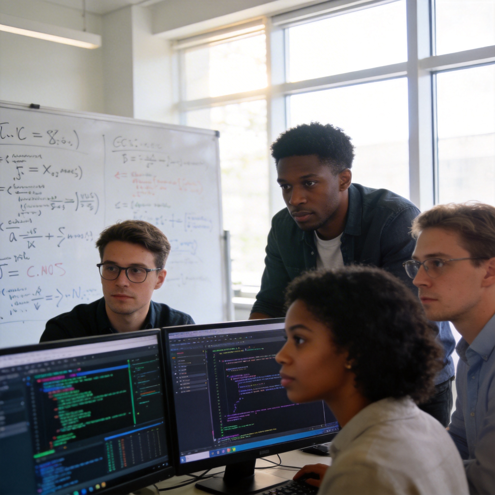 AI researchers in a modern lab developing programming models, symbolizing Cursor's investment in R&D.