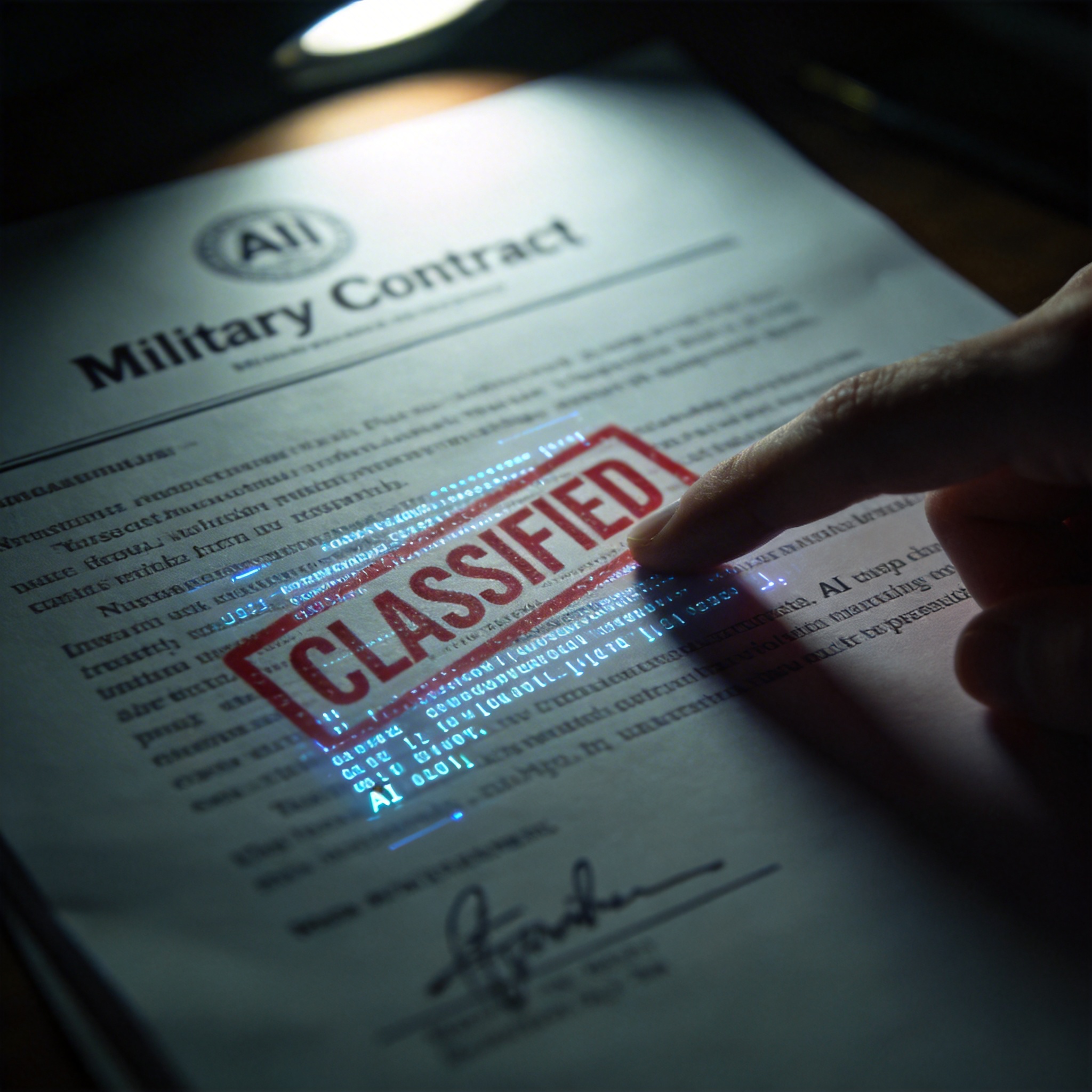 Classified military contract with AI code overlay, symbolizing review.