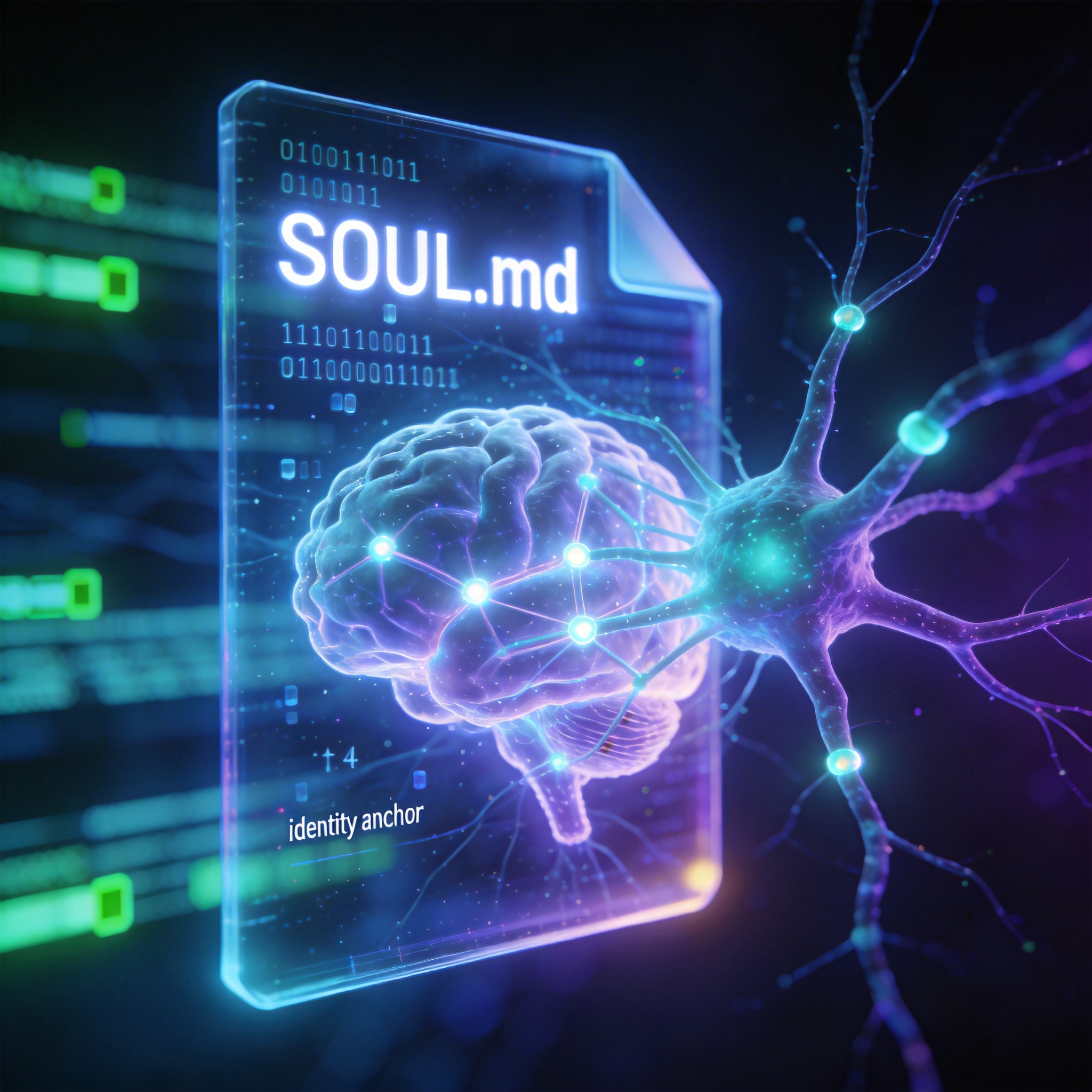 Digital representation of a 'SOUL.md' file integrating into an AI's neural network, providing an identity anchor.