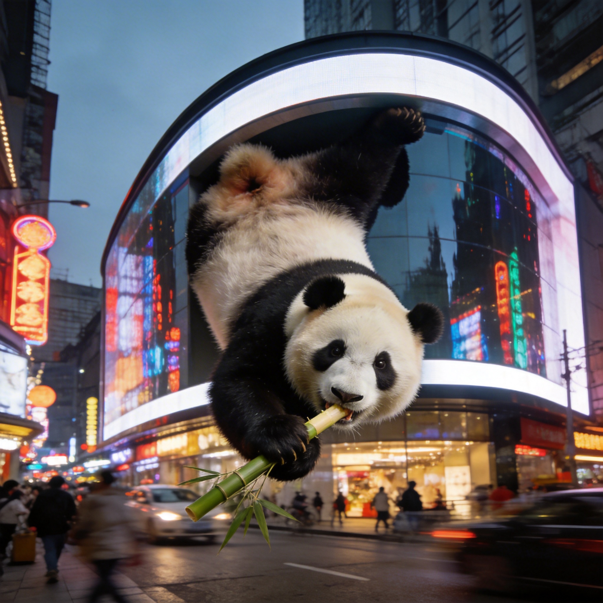 Giant panda emerging from a 3D screen on a Chengdu street, biting bamboo, illustrating initial AI concept.
