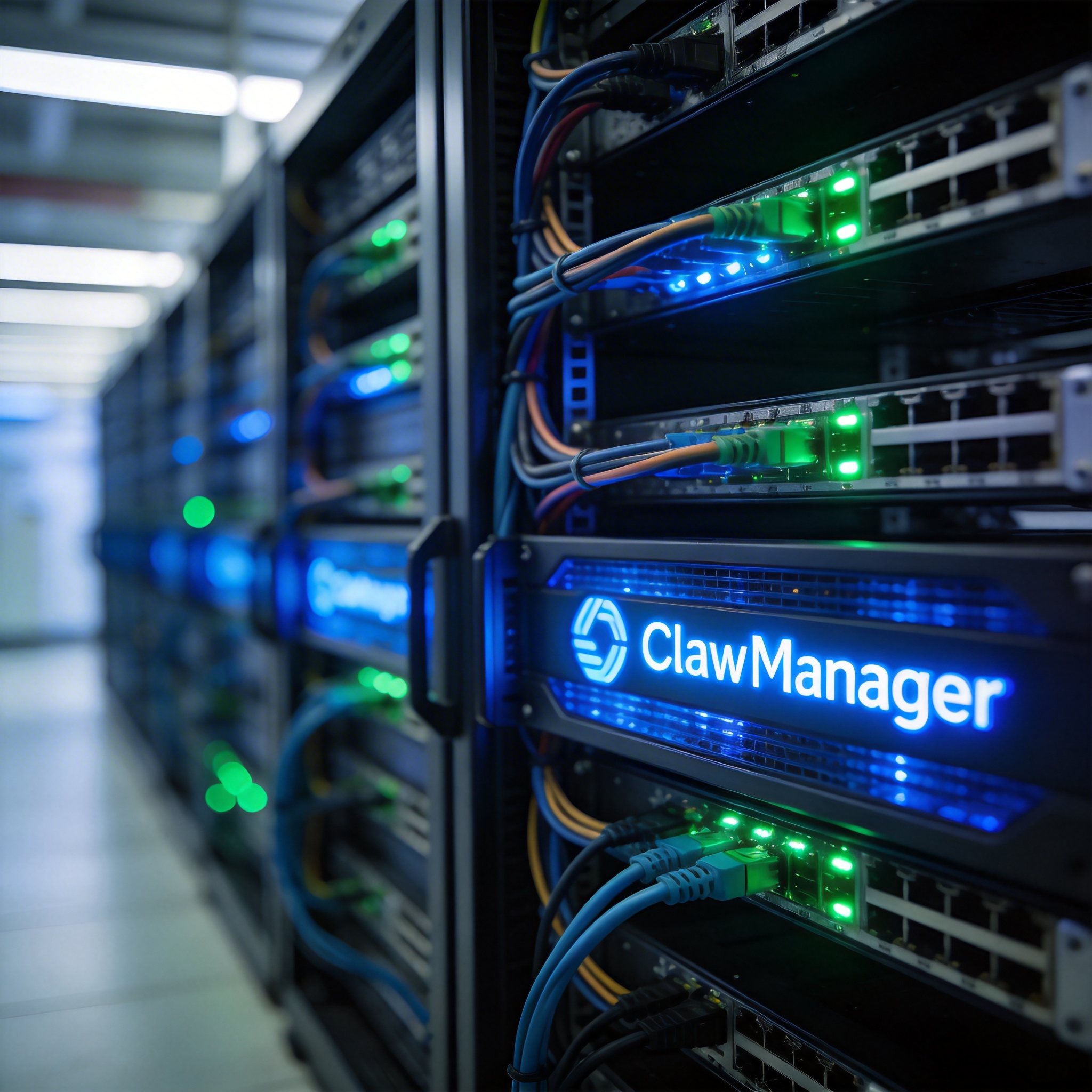 Modern server rack in a data center with glowing lights, representing ClawManager's robust infrastructure.
