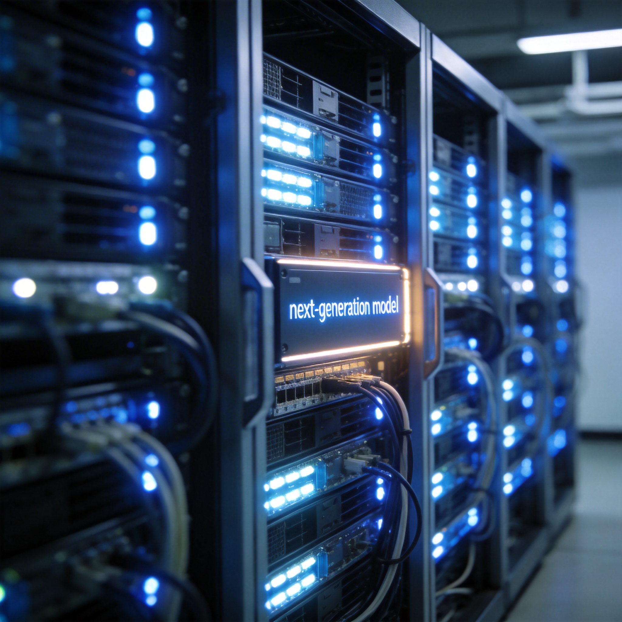 Modern server room with glowing racks, symbolizing AI model pre-training.