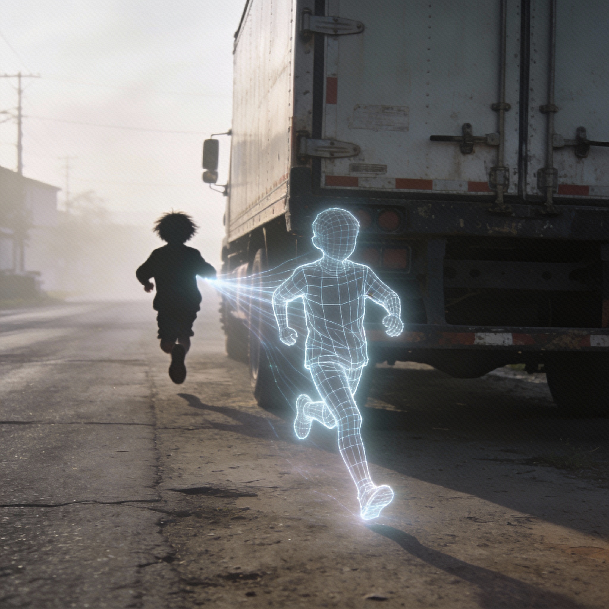 A child's silhouette running behind a truck, with a glowing 3D wireframe overlay showing the AI's 'object permanence' and prediction.