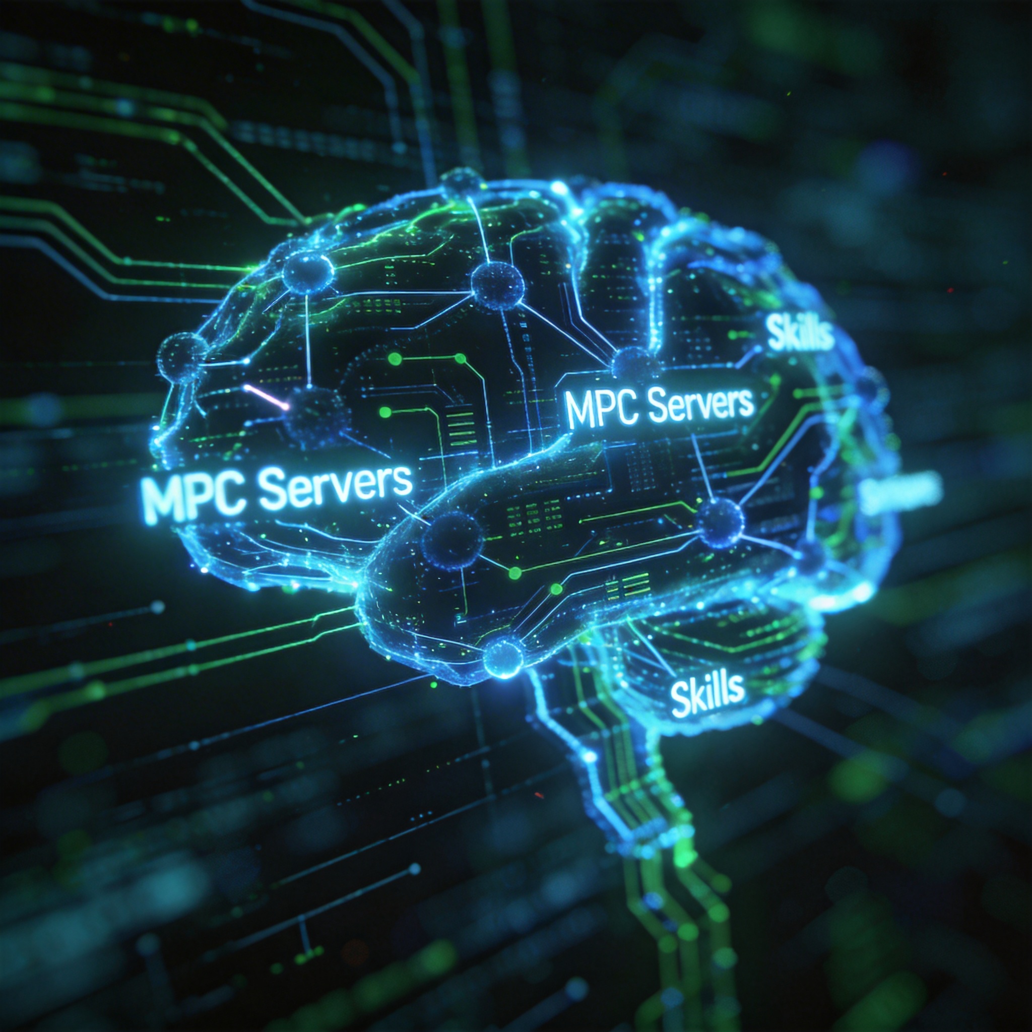 Abstract digital network representing interconnected AI skills and master control programs.