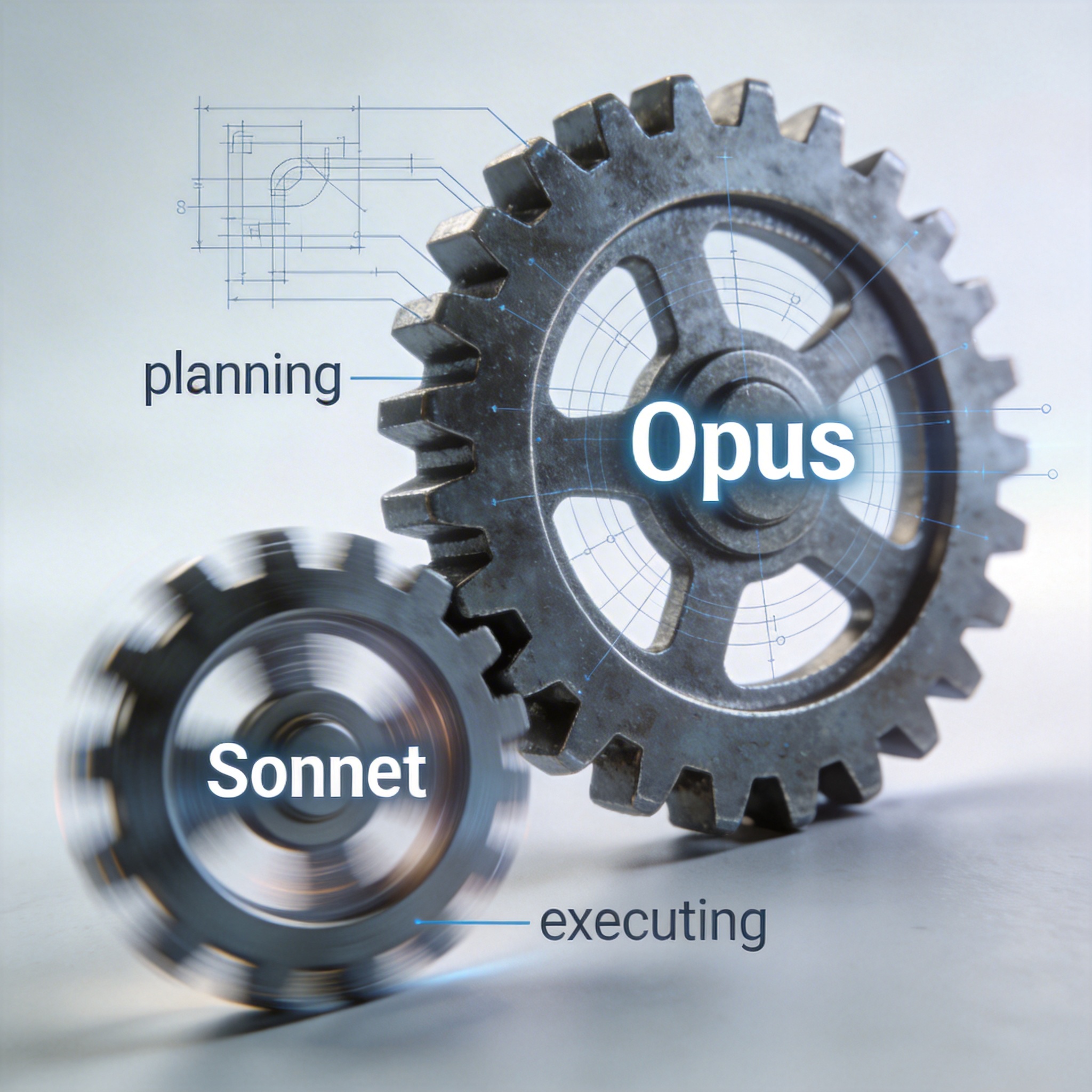 Interlocking gears labeled 'Opus' and 'Sonnet', symbolizing optimized model switching for planning and execution.