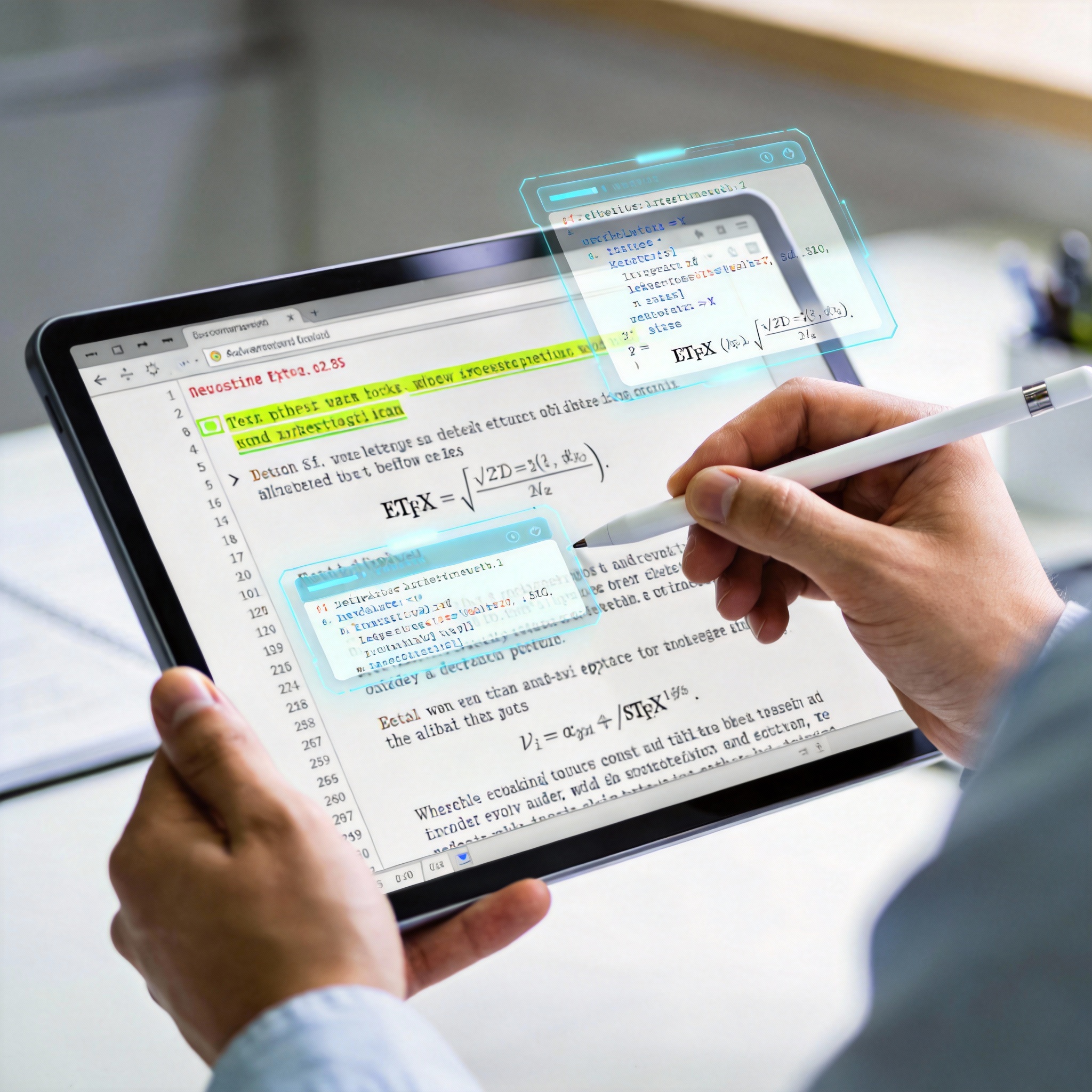 Hands interacting with a tablet showing AI-assisted LaTeX document with formulas and text.