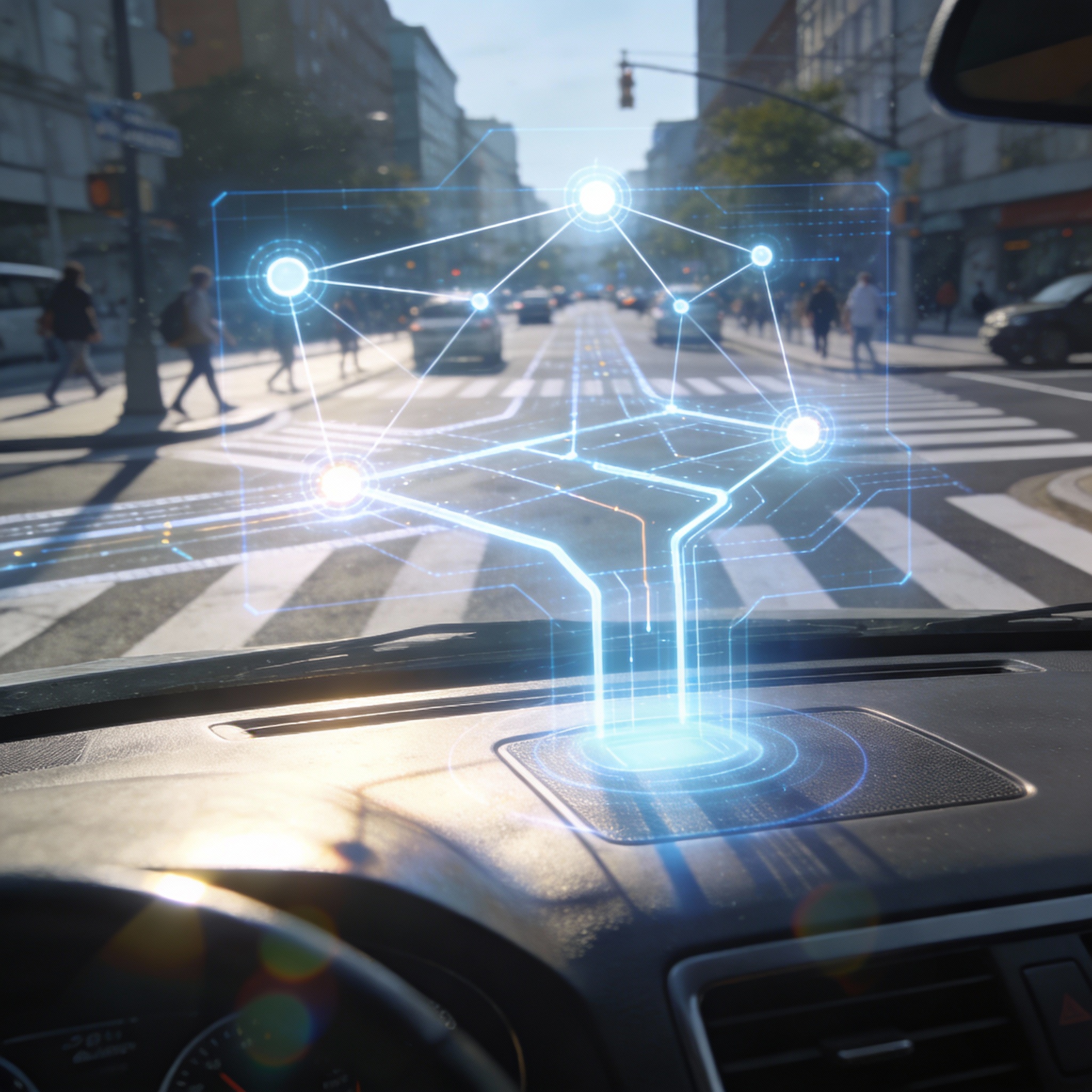 Autonomous driving AI displaying reasoning and path planning on a car's dashboard.