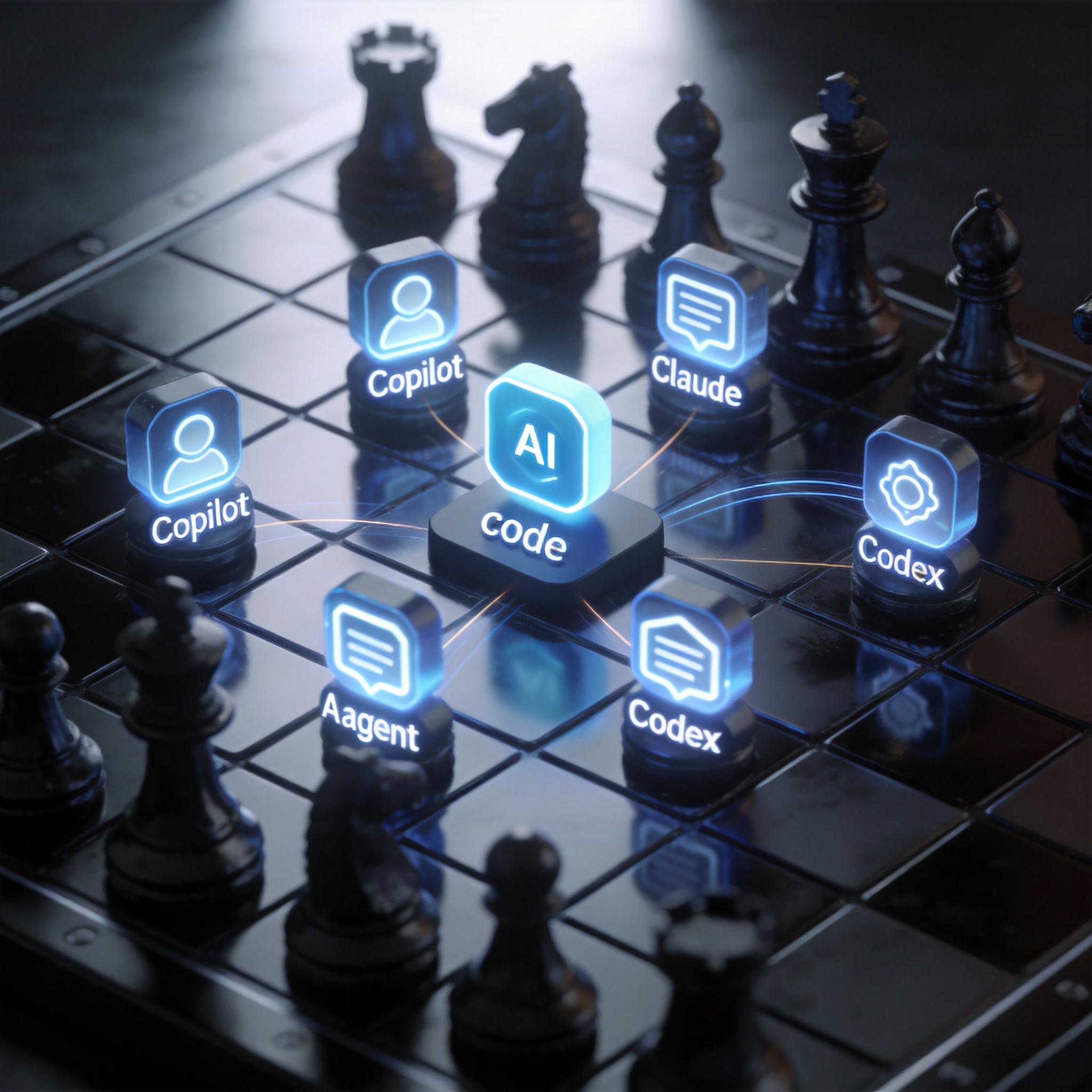 Stylized AI agent icons on a digital chessboard, symbolizing strategic task assignment.