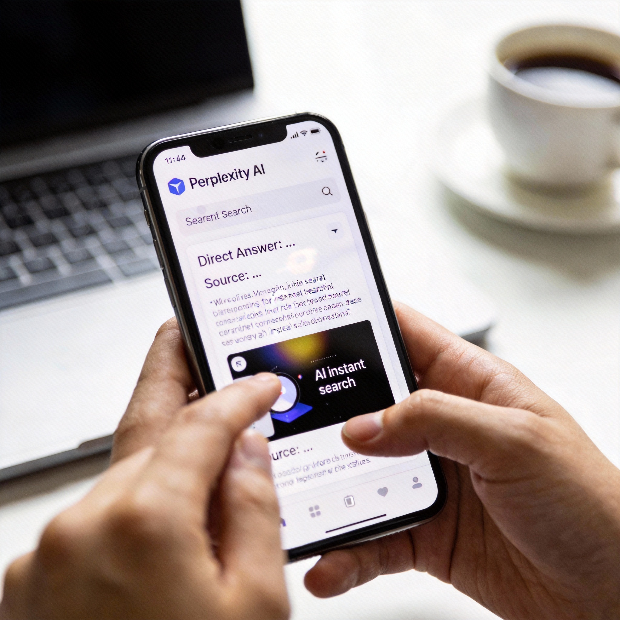 Hands holding a smartphone displaying Perplexity AI's instant search results with source citations.