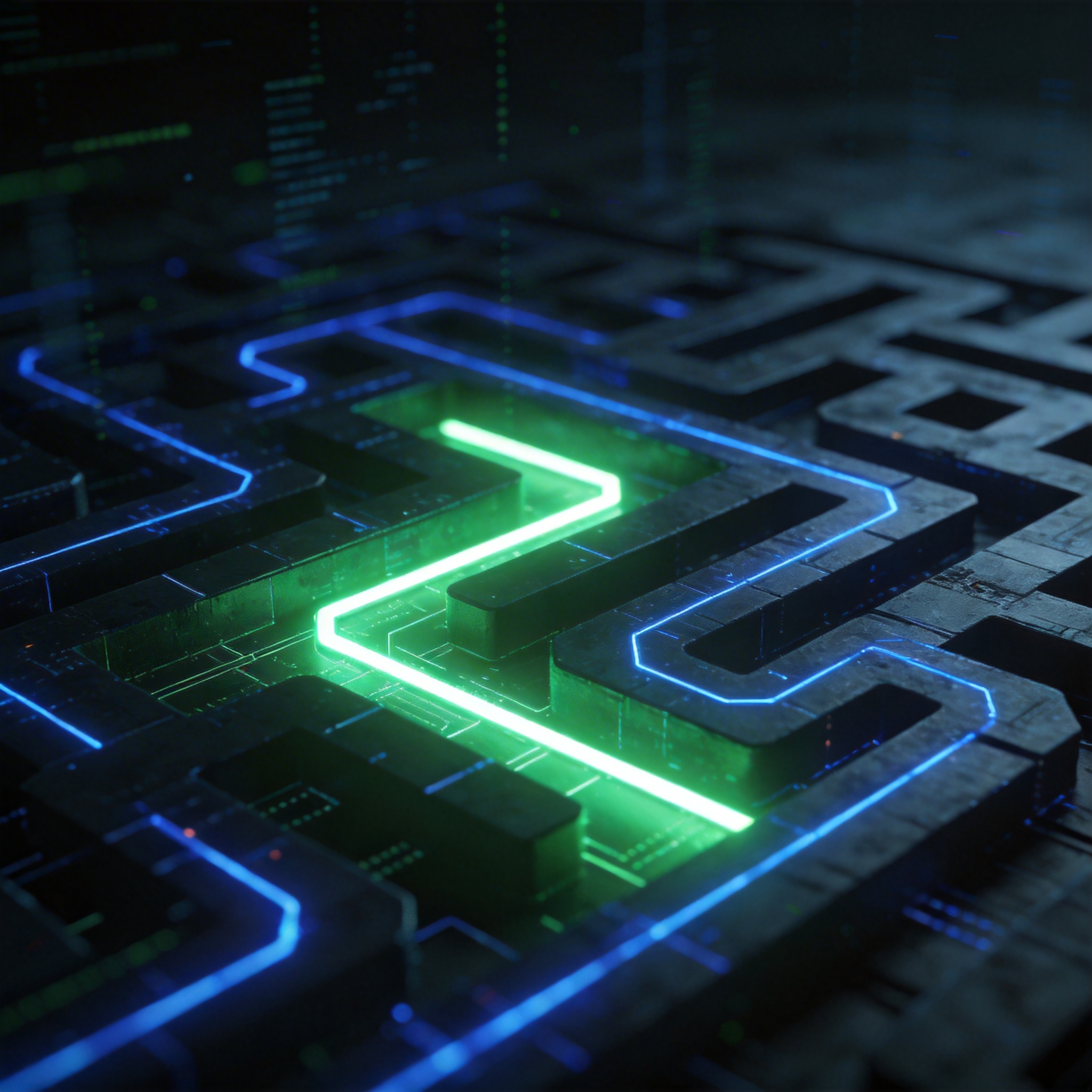 Digital maze with a short, green, efficient path and longer, blue, convoluted paths, symbolizing AI strategy adjustment.
