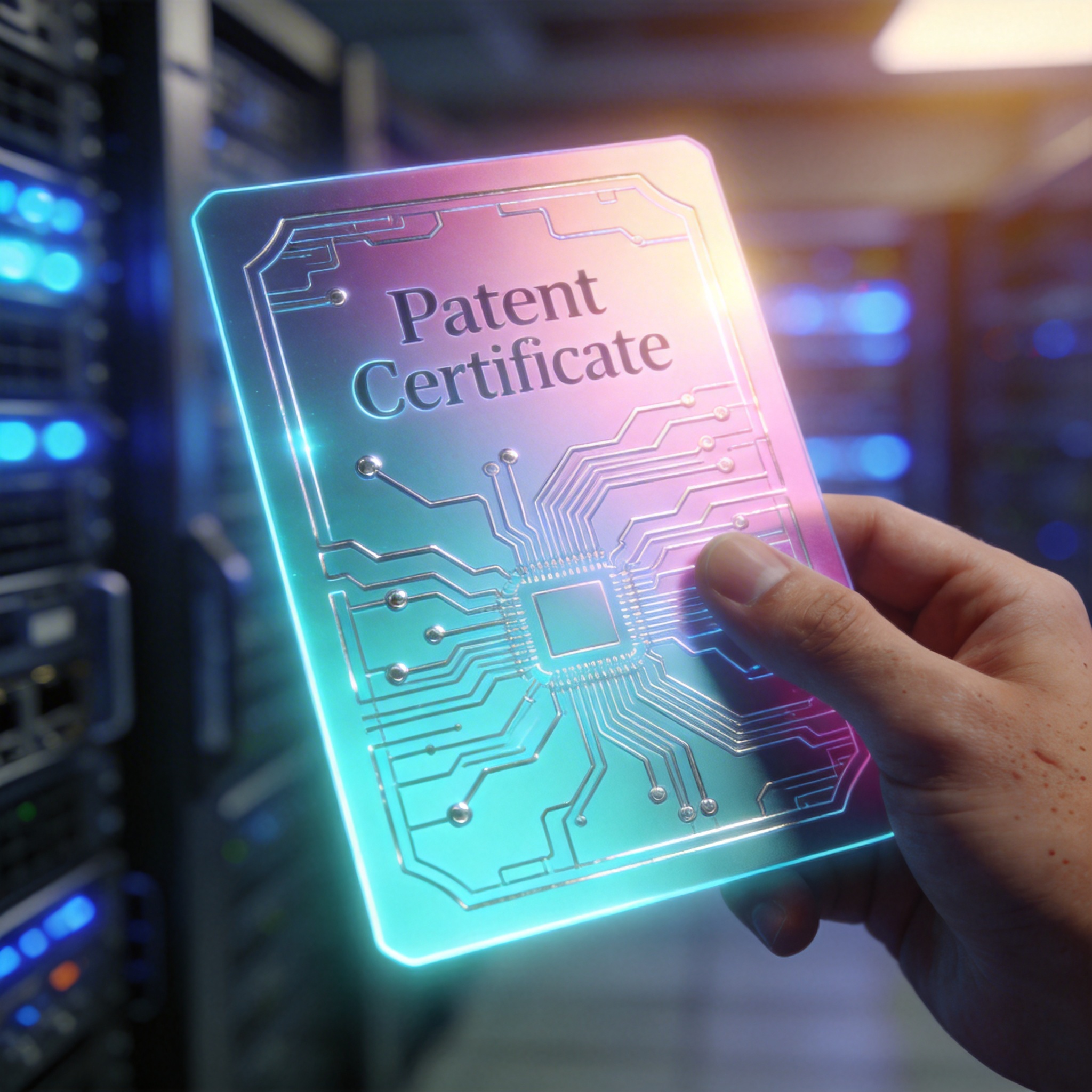 Hand holding a glowing digital patent certificate, symbolizing NewRank's technological advancements.