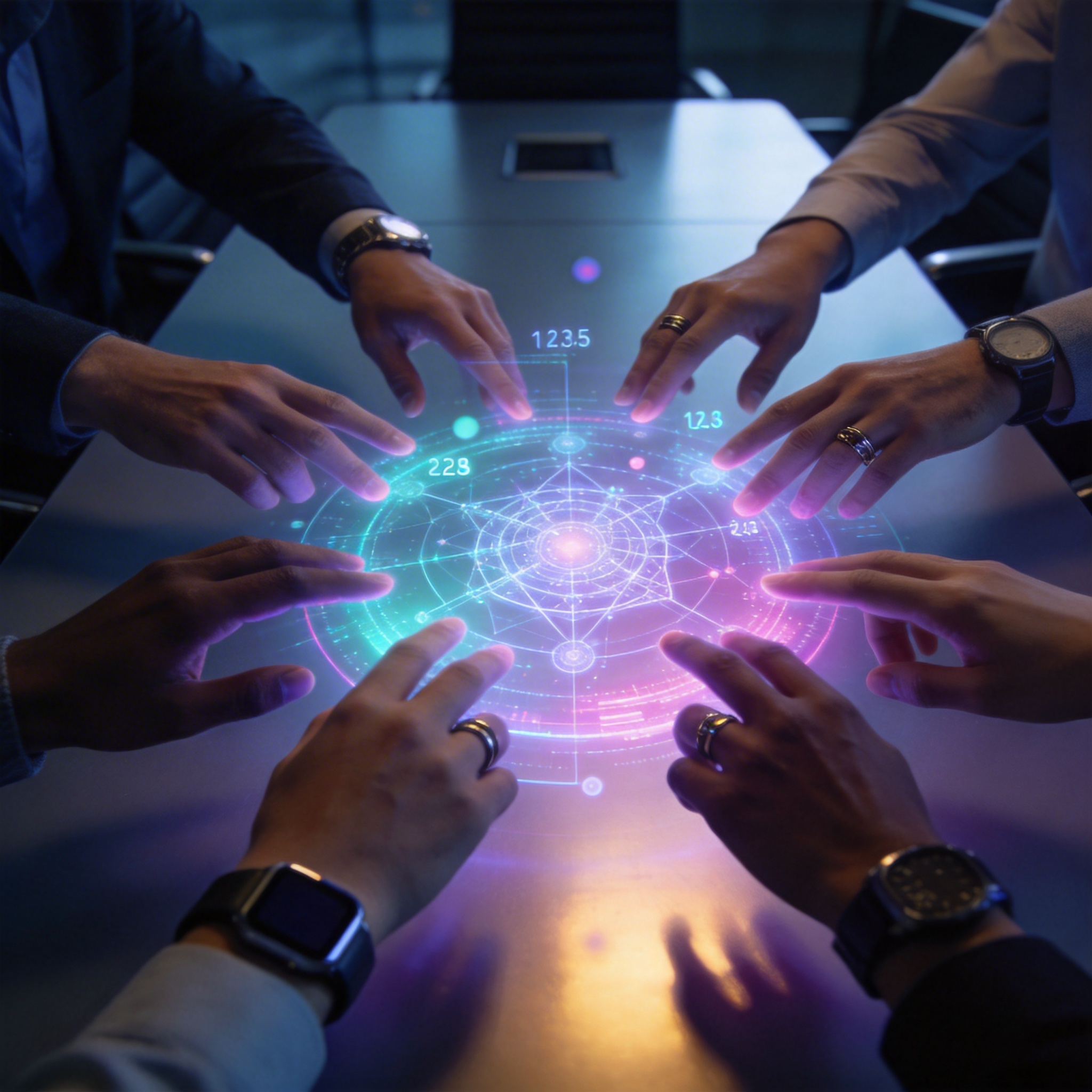 Diverse hands reaching towards a holographic scientific data projection, symbolizing tech collaboration.